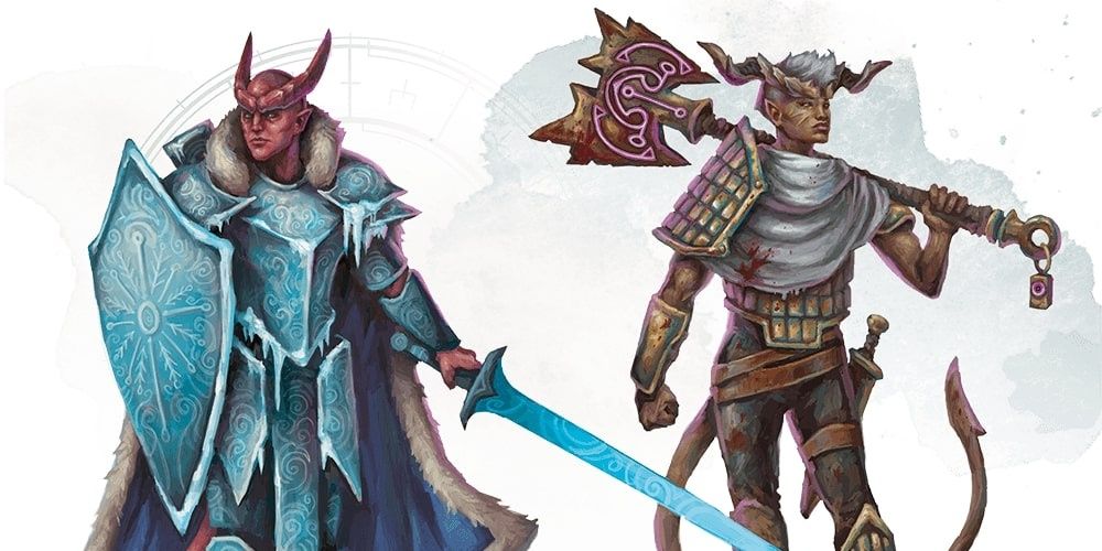 A tiefling in freezing armor and a tiefling with a giant magic maul from Dungeons & Dragons.