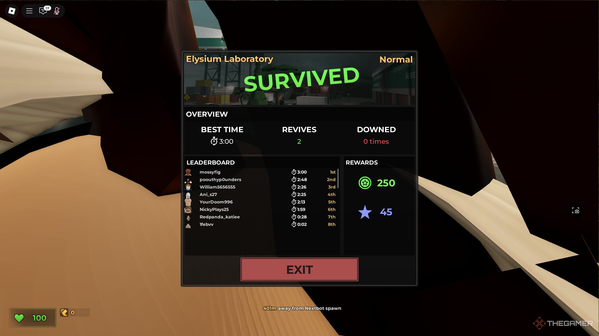 The overview screen at the end of a match in Roblox Evade.