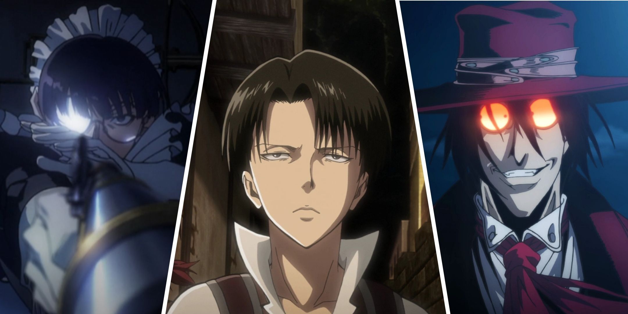 A collage of Roberta, Levi Ackerman and Alucard.