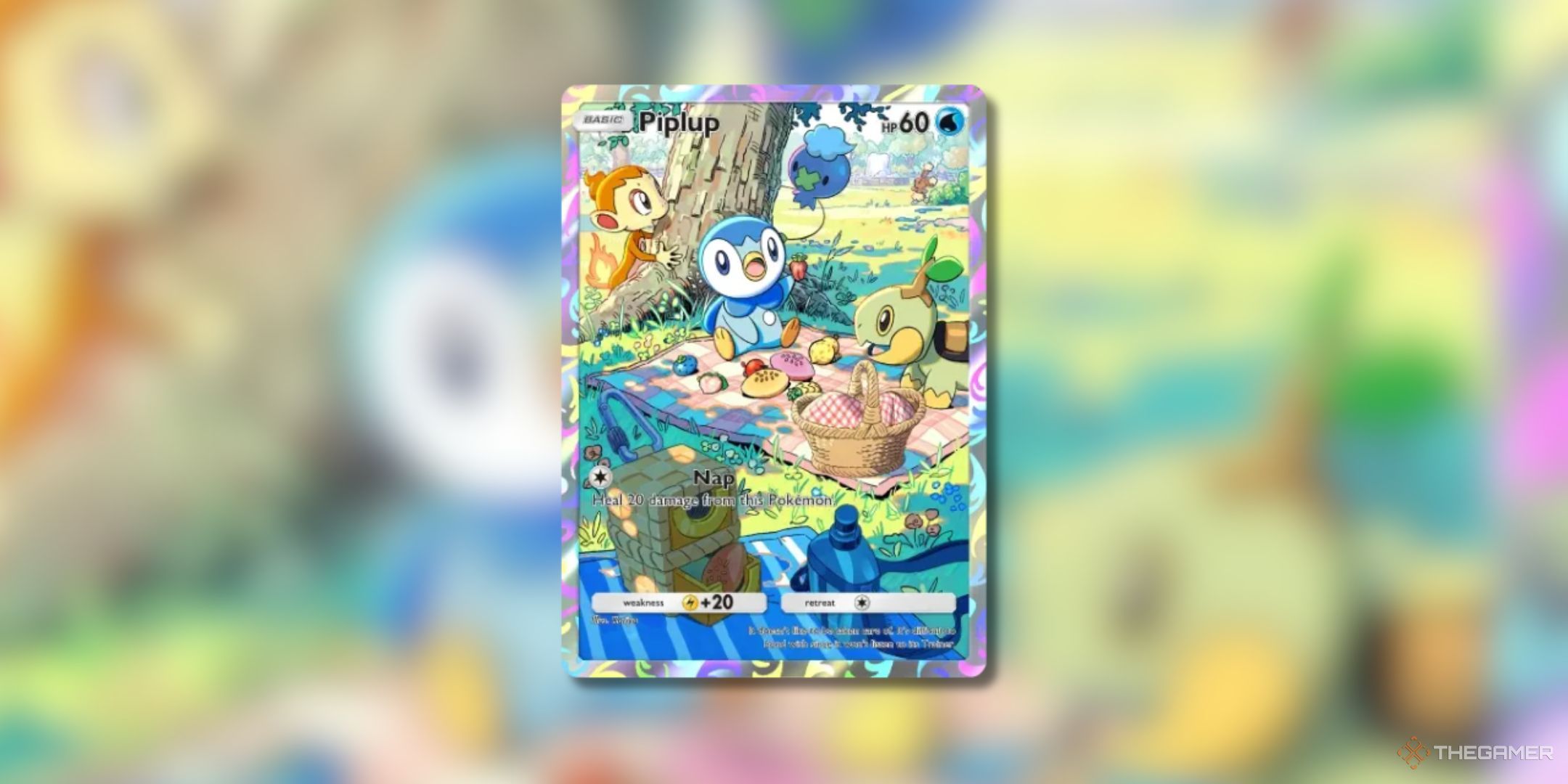 Pokemon Trading Card Game Pocket Piplup promo-a card number 34 on a blurred background.