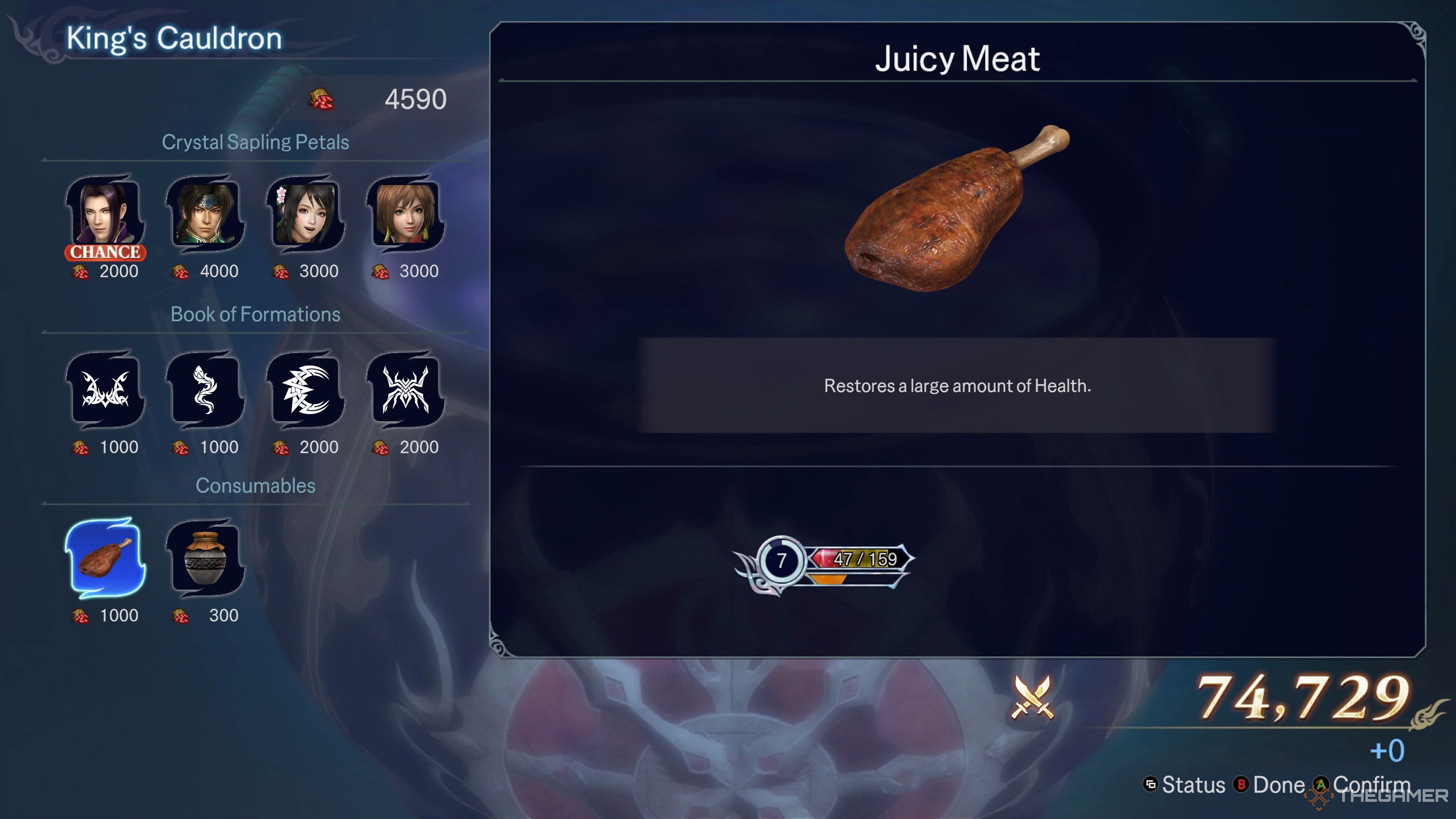 Purchasing Juicy Meat from the King's Cauldron for 1,000 Crystal Sapling Petals in Warriors: Abyss.