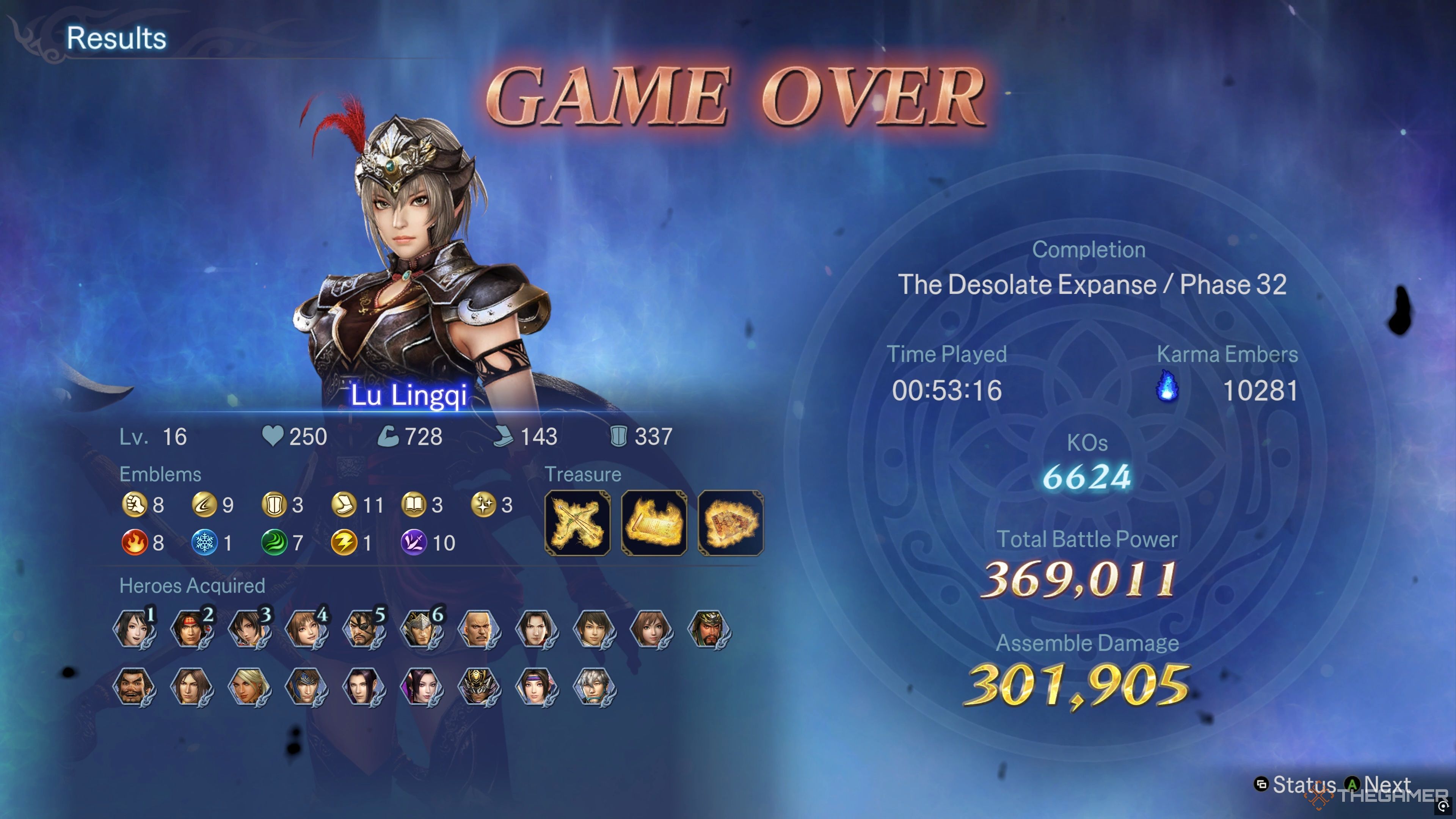 The Game Over screen, showcasing a run with Lu Lingqi, detailing the Heroes Acquires, Emblems Obtained, and other stats in in Warriors: Abyss.