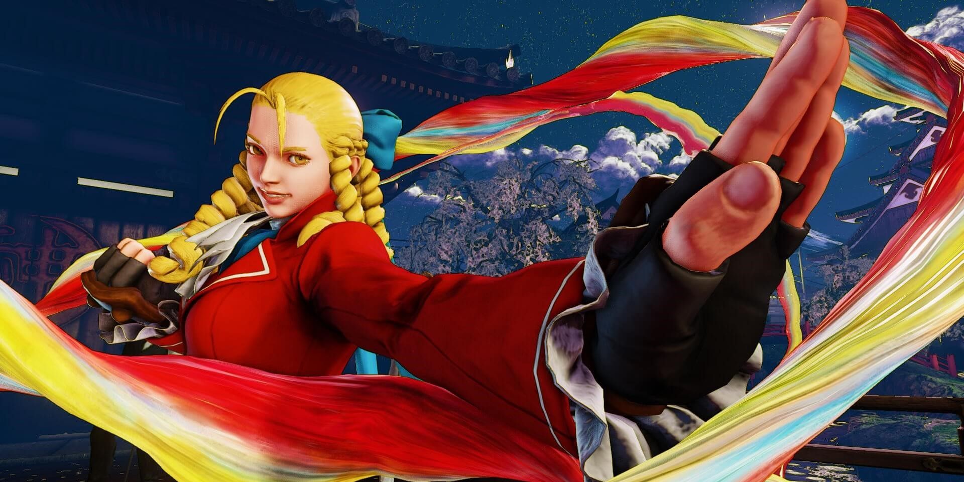 Karin from Street Fighter 5 in her fighting stance.