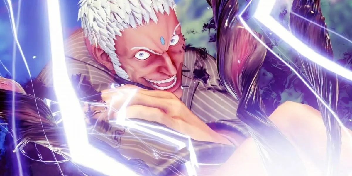 Urien with a creepy grin on his face as he clashes with an opponent in Street Fighter 5.