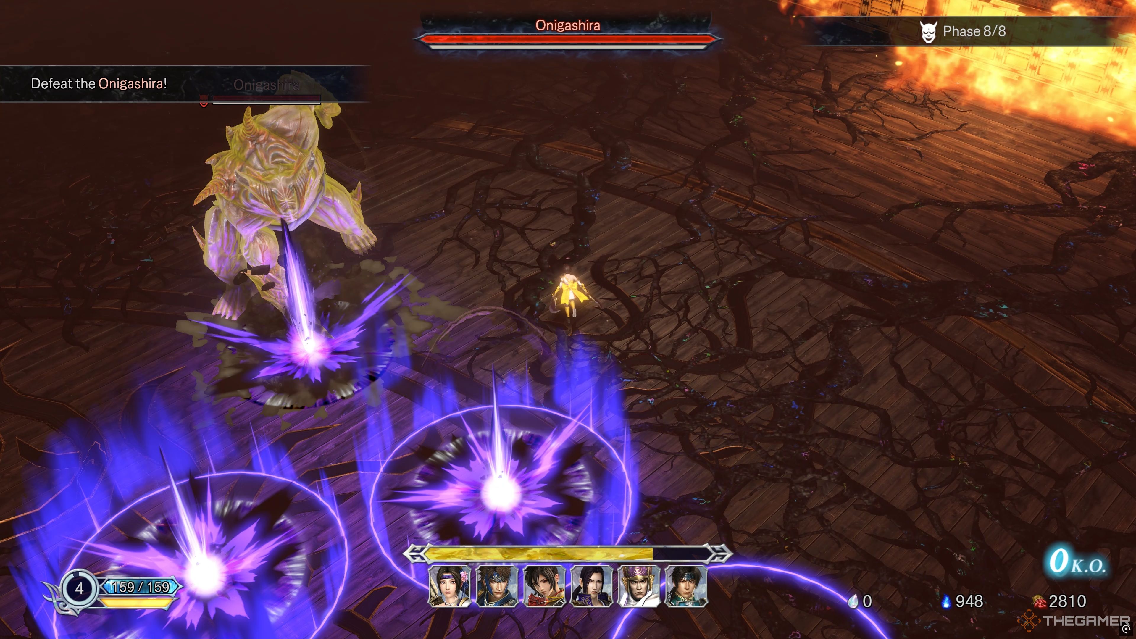 The Onigashira violently striking the ground, causing large AoEs to cover the ground in Warriors: Abyss.