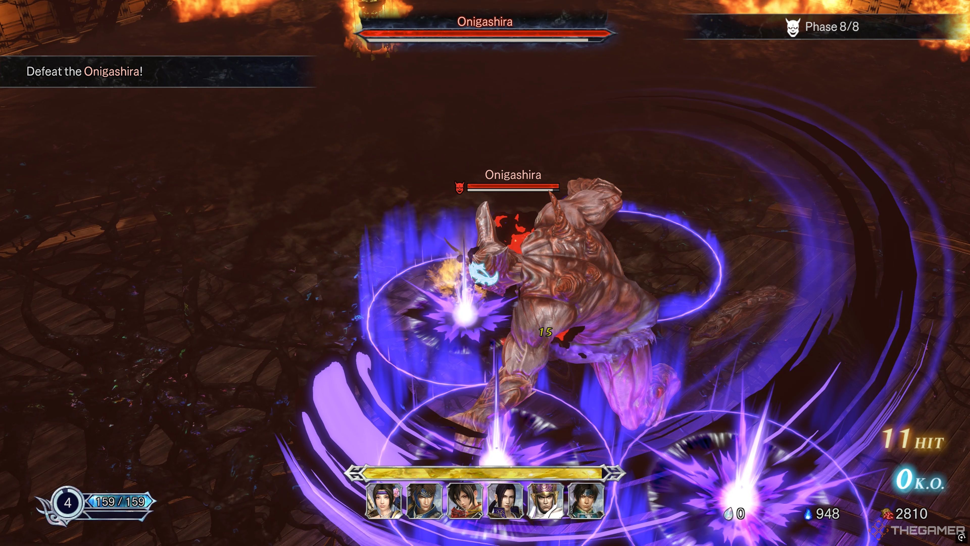 The Onigashira swiftly swiping at the Hero, generating large AoEs in a wide arc around itself in Warriors: Abyss.