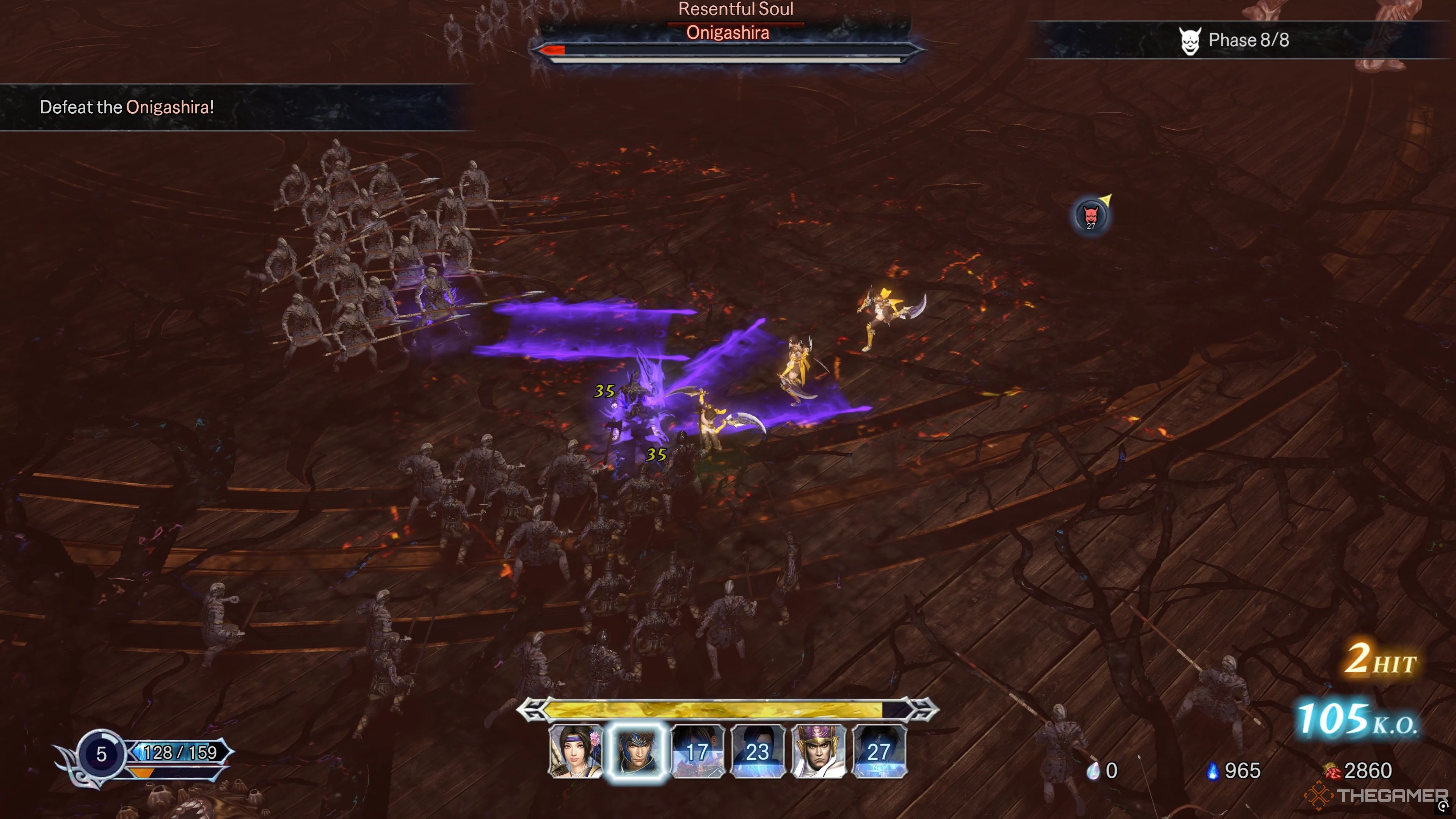 Attacking a hoard of monsters that was summoned in by the Onigashira in Warriors: Abyss.