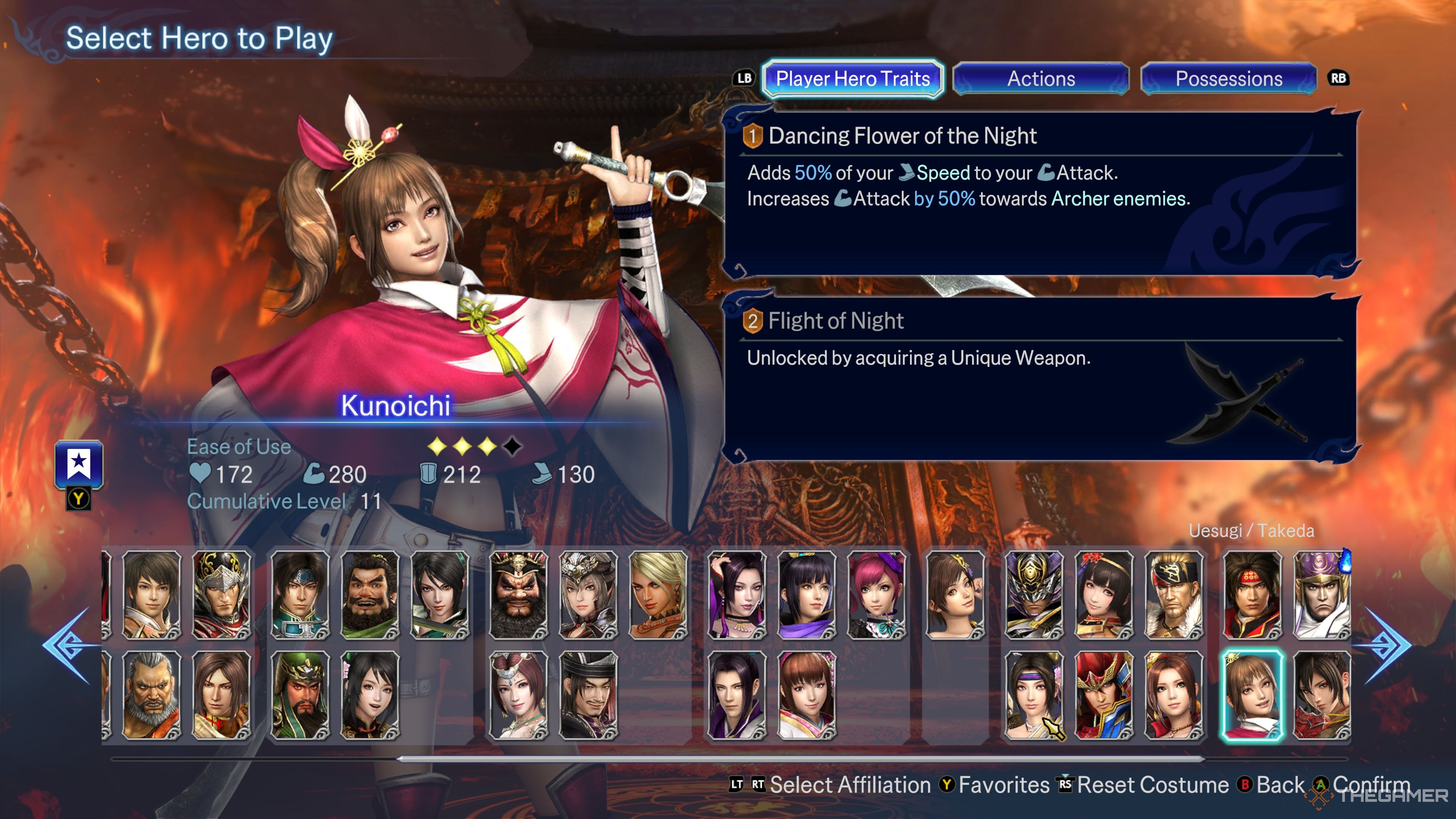 An overview of Kunoichi's Hero Traits in Warriors: Abyss.