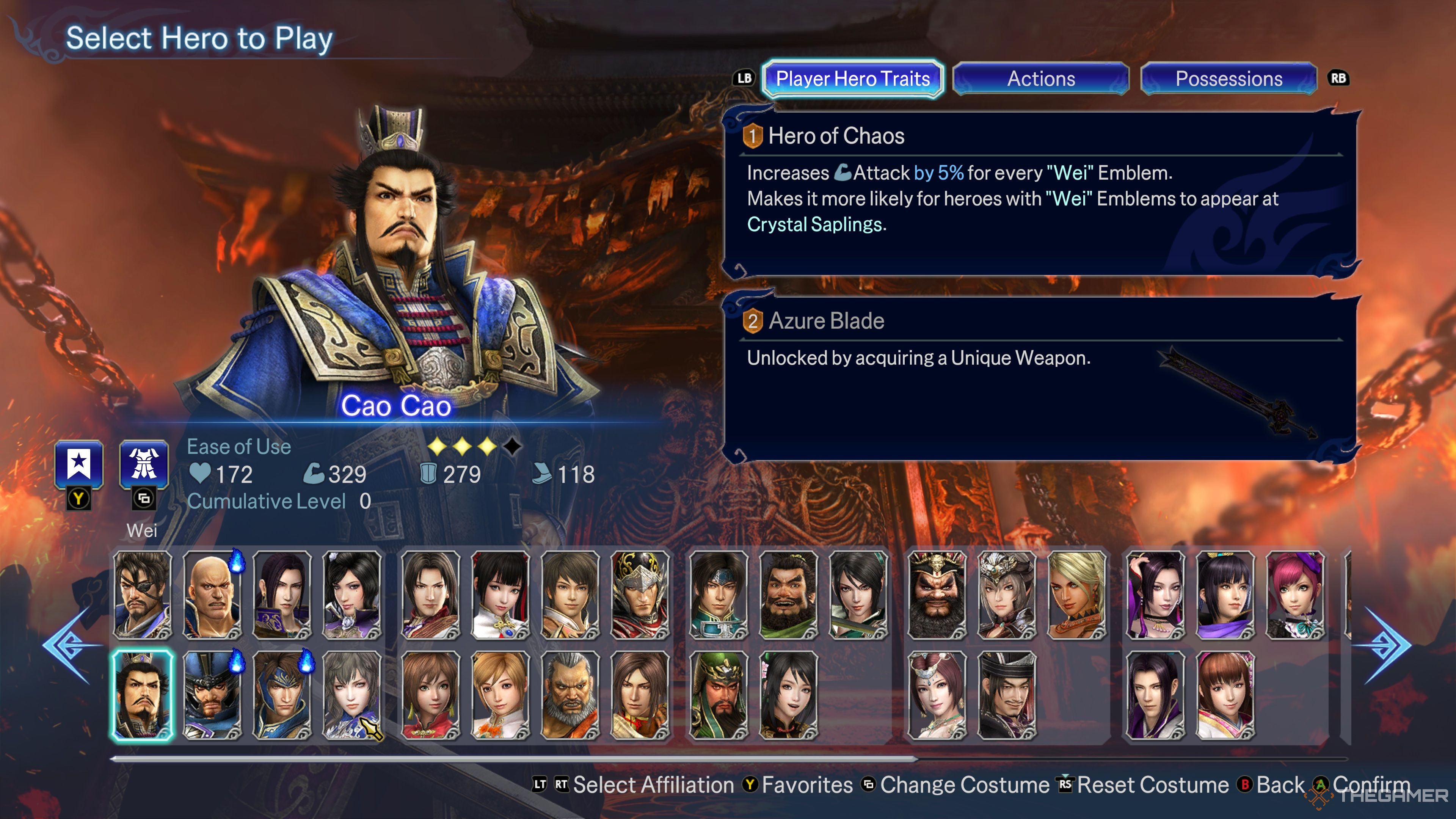 An overview of Cao Cao's Hero Traits in Warriors: Abyss.