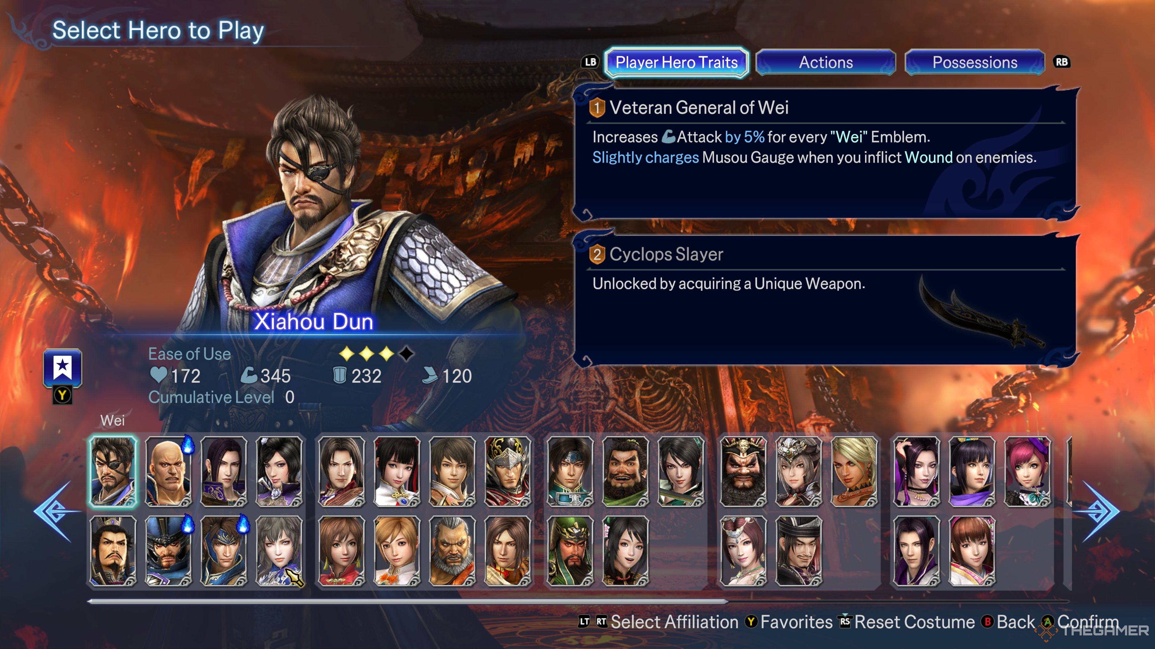 An overview of Xiahou Dun's Hero Traits in Warriors: Abyss.