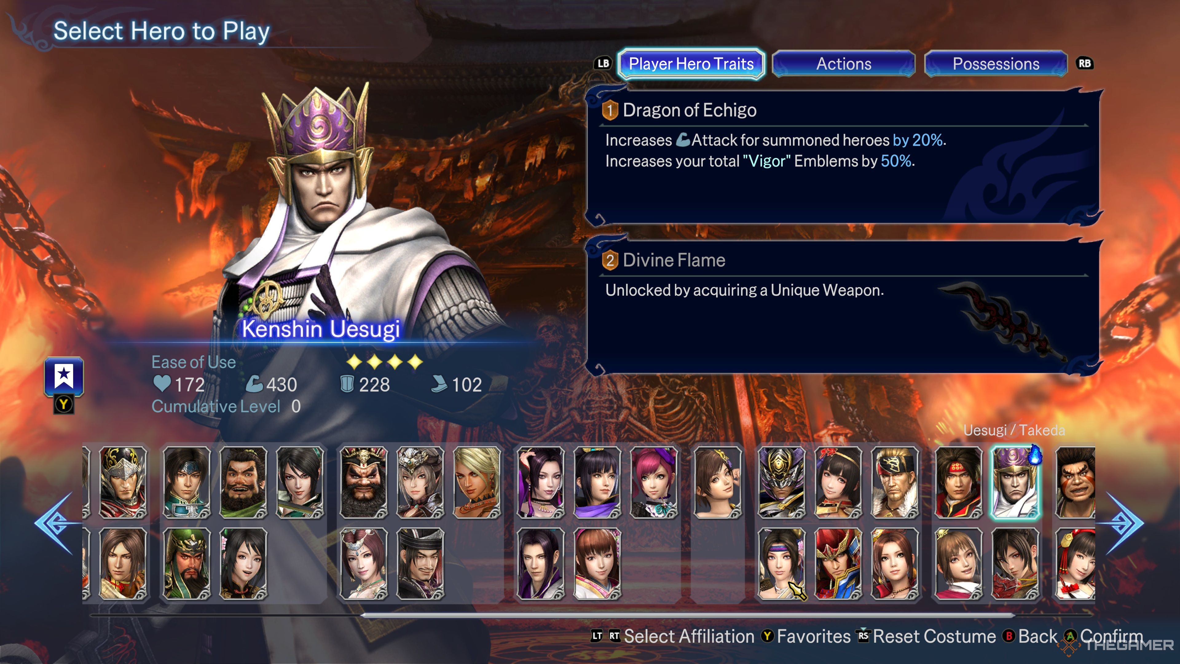 An overview of Kenshin Uesugi's Hero Traits in Warriors: Abyss.