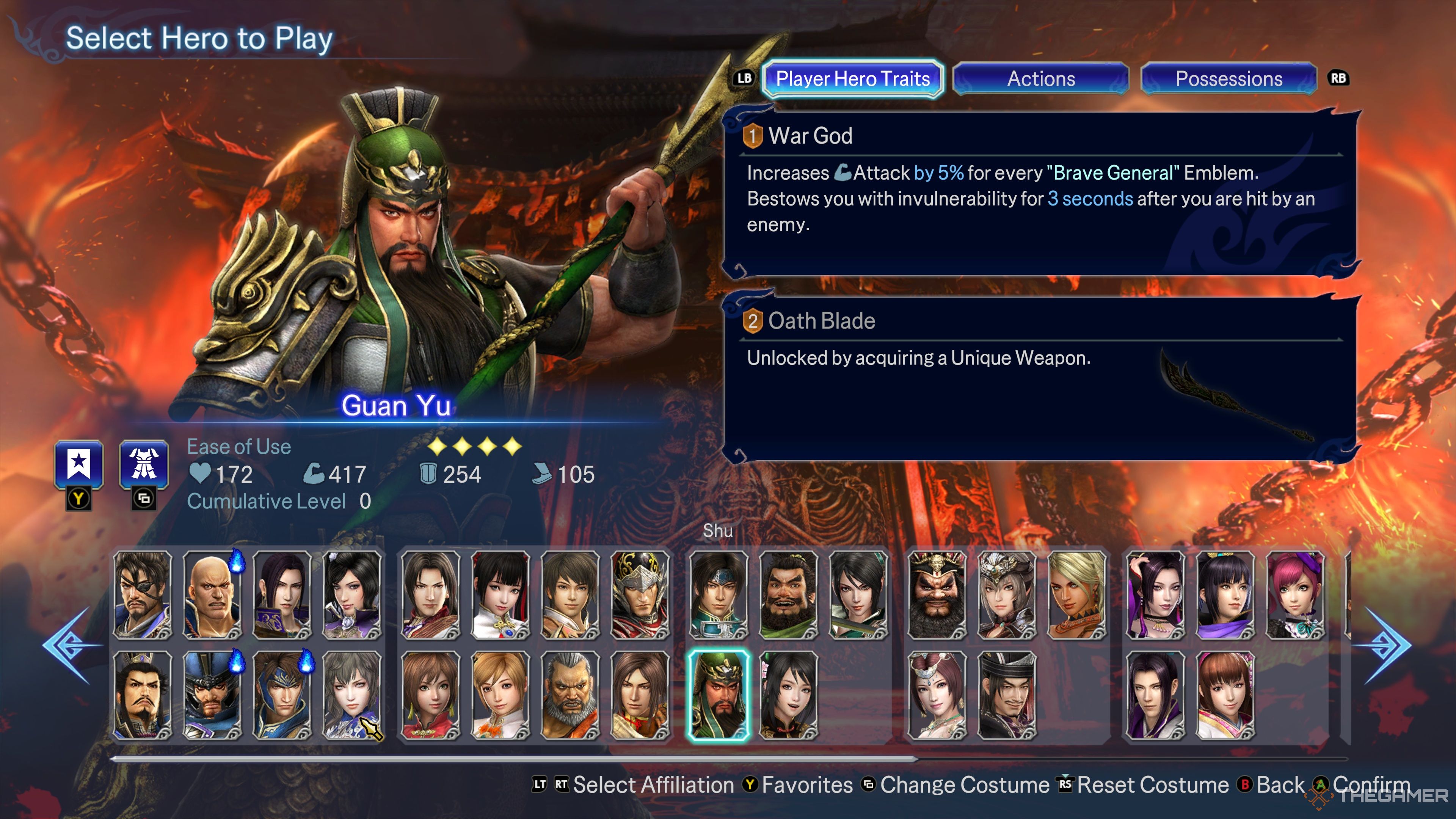 An overview of Guan Yu's Hero Traits in Warriors: Abyss.