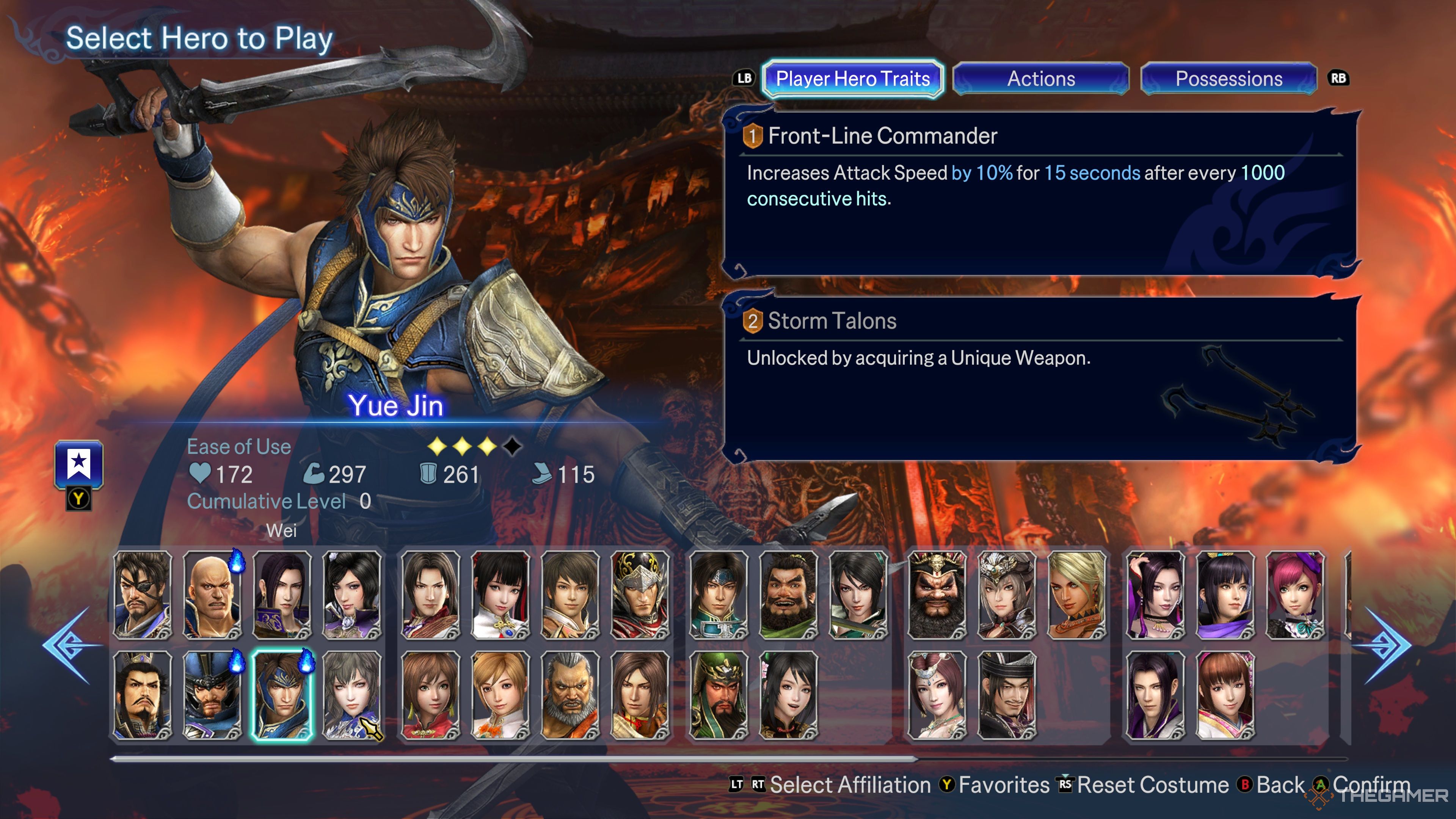 An overview of Yue Jin's Hero Traits in Warriors: Abyss.