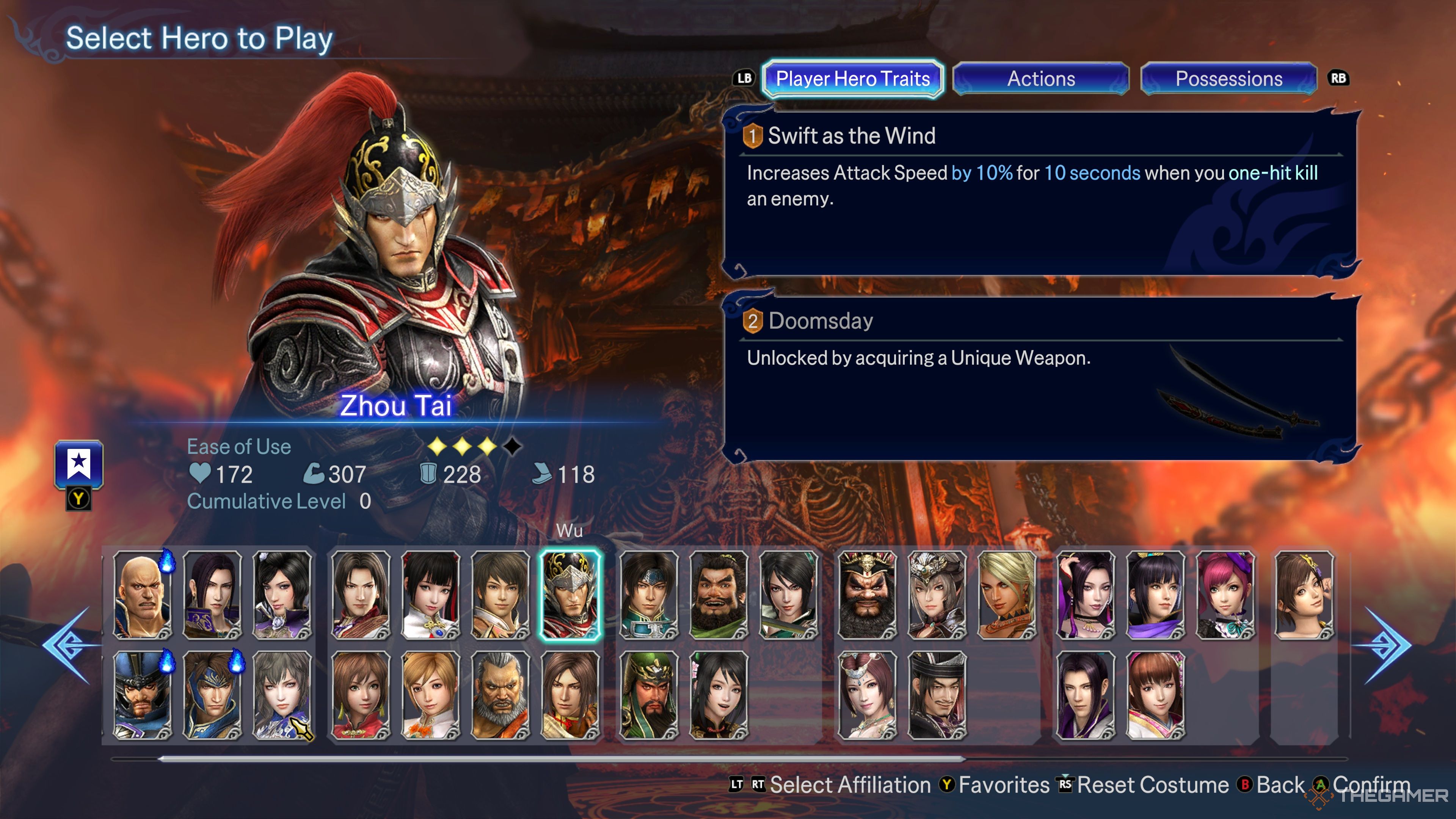 An overview of Zhou Tai's Hero Traits in Warriors: Abyss.