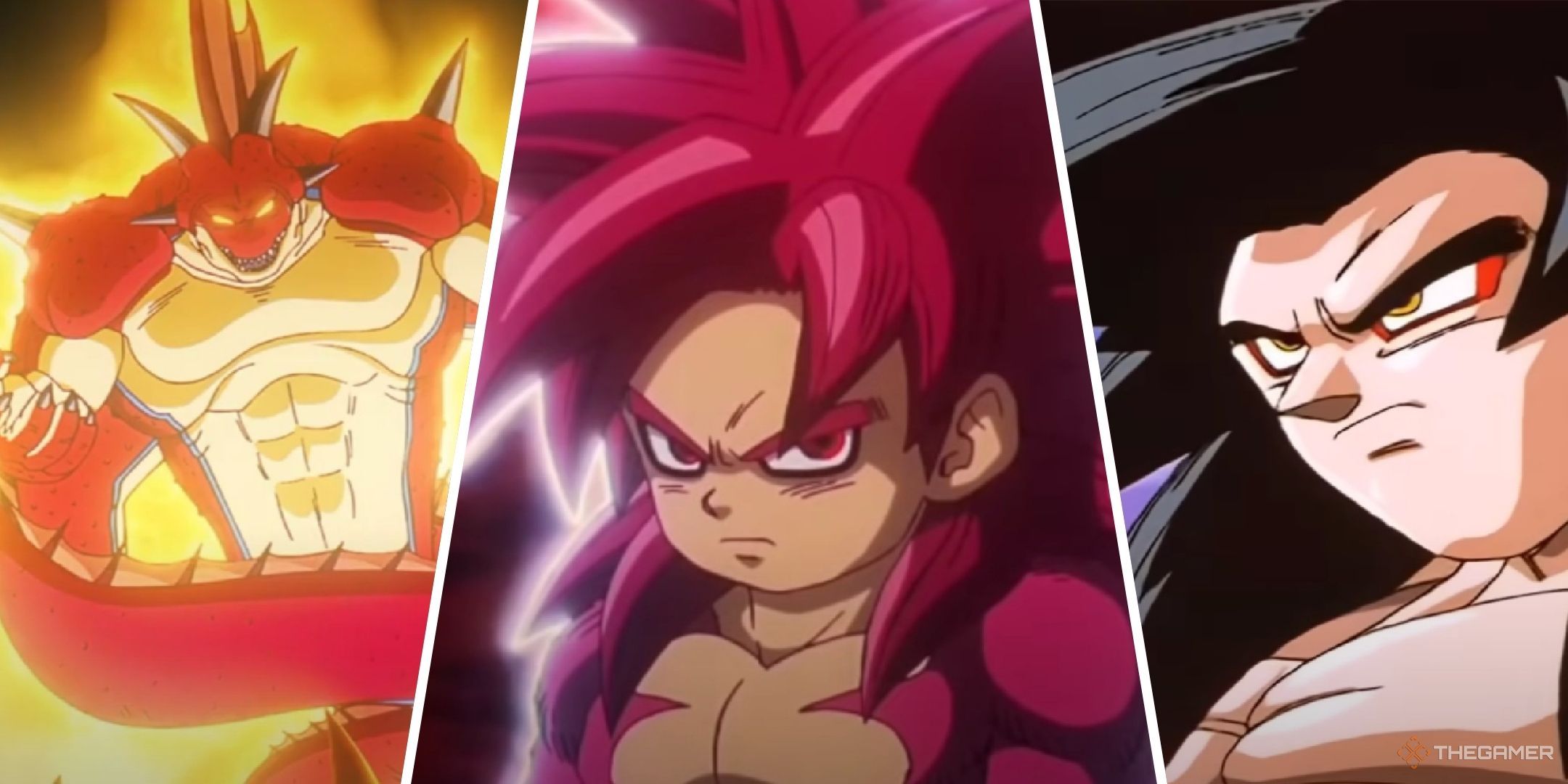 Dragon Ball image showing the Demon Realm Porunga and two Super Saiyan 4 Gokus.