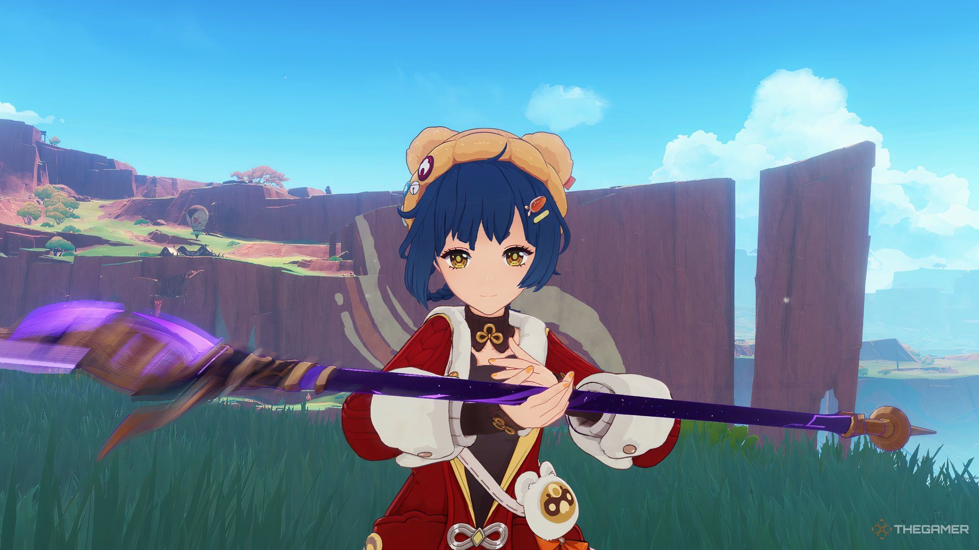 Xiangling from Genshin Impact twirling a spear.