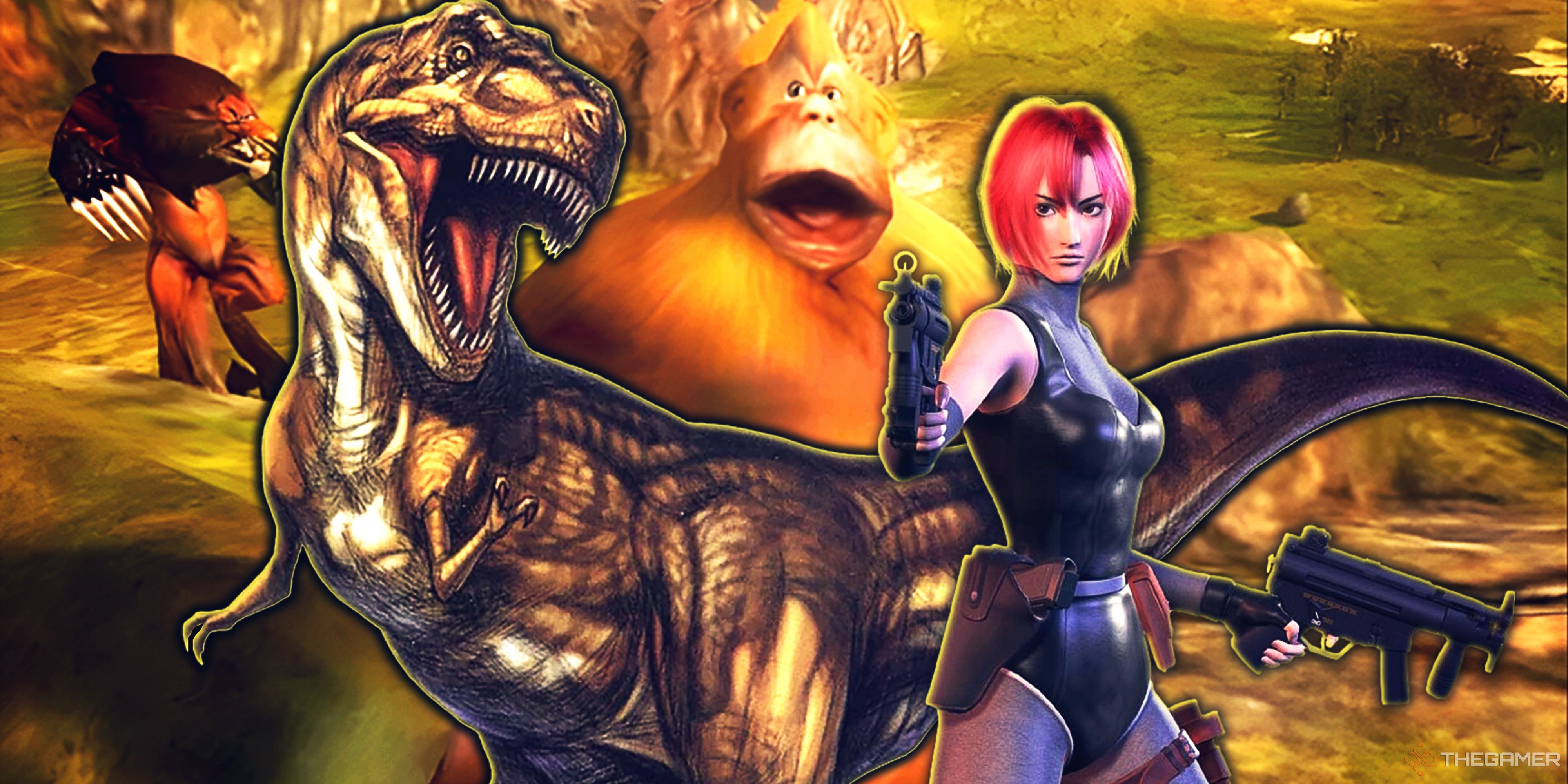 A collage image with Dino Crisis in the foreground and Black & White in the background.