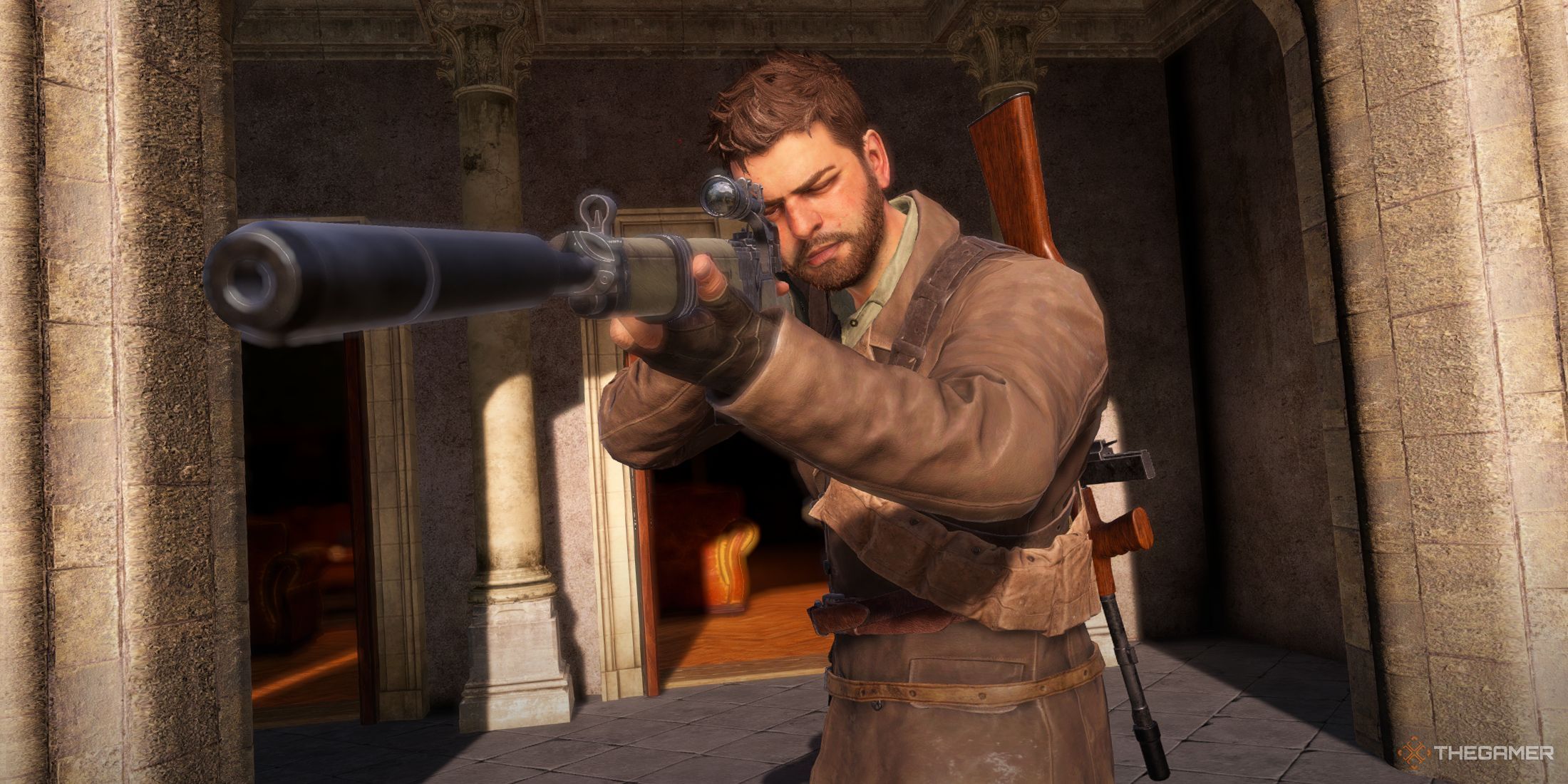 A photo of Harry Hawker aiming a sniper in Sniper Elite Resistance.