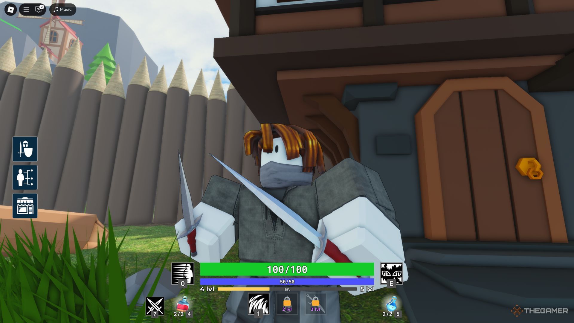 The player character holding daggers with his hands while standing in front of a building in Dungeon Leveling.