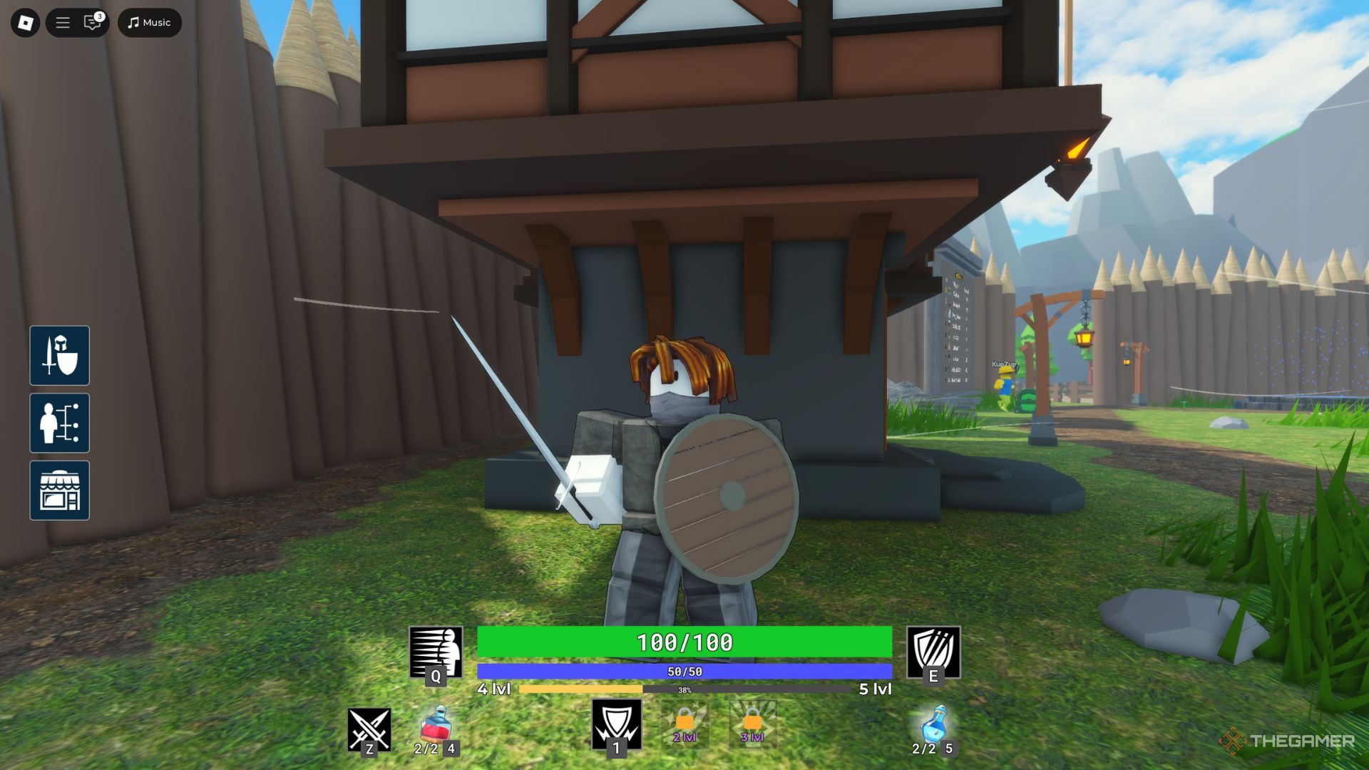 The player character holding a sword and a shield with his hands while standing in front of a building in Dungeon Leveling.