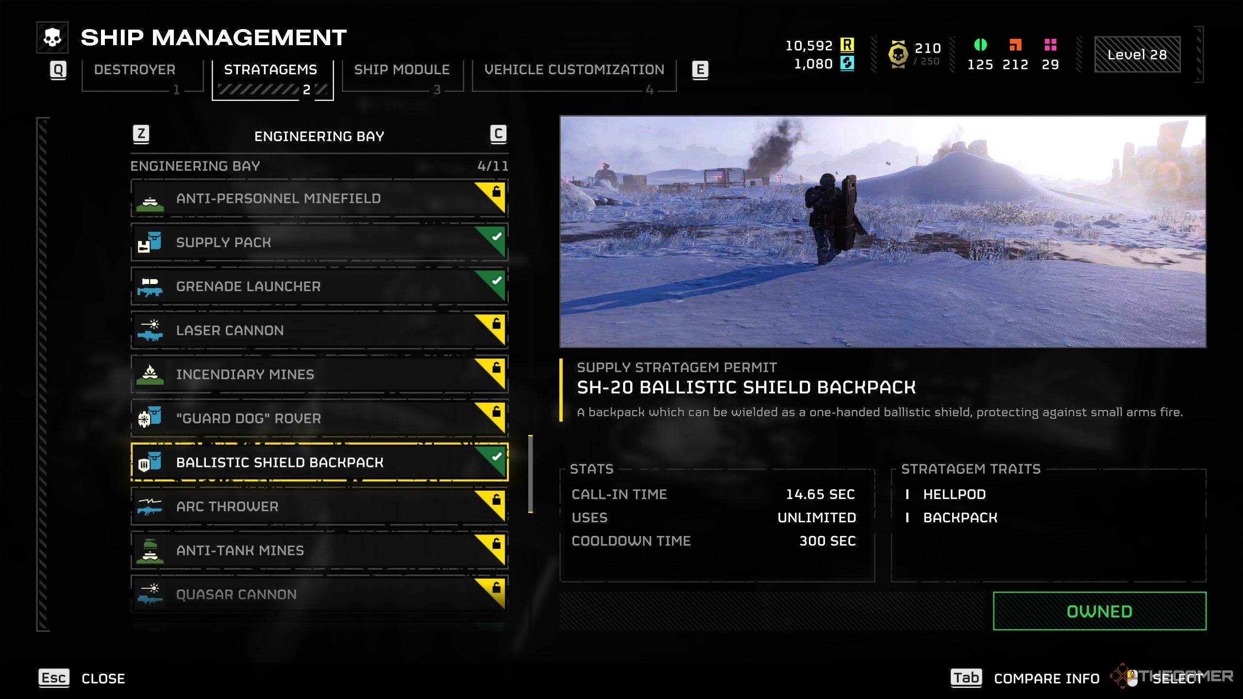 A menu displaying the Ballistic Shield Stratagem with all its stats in Helldivers 2.