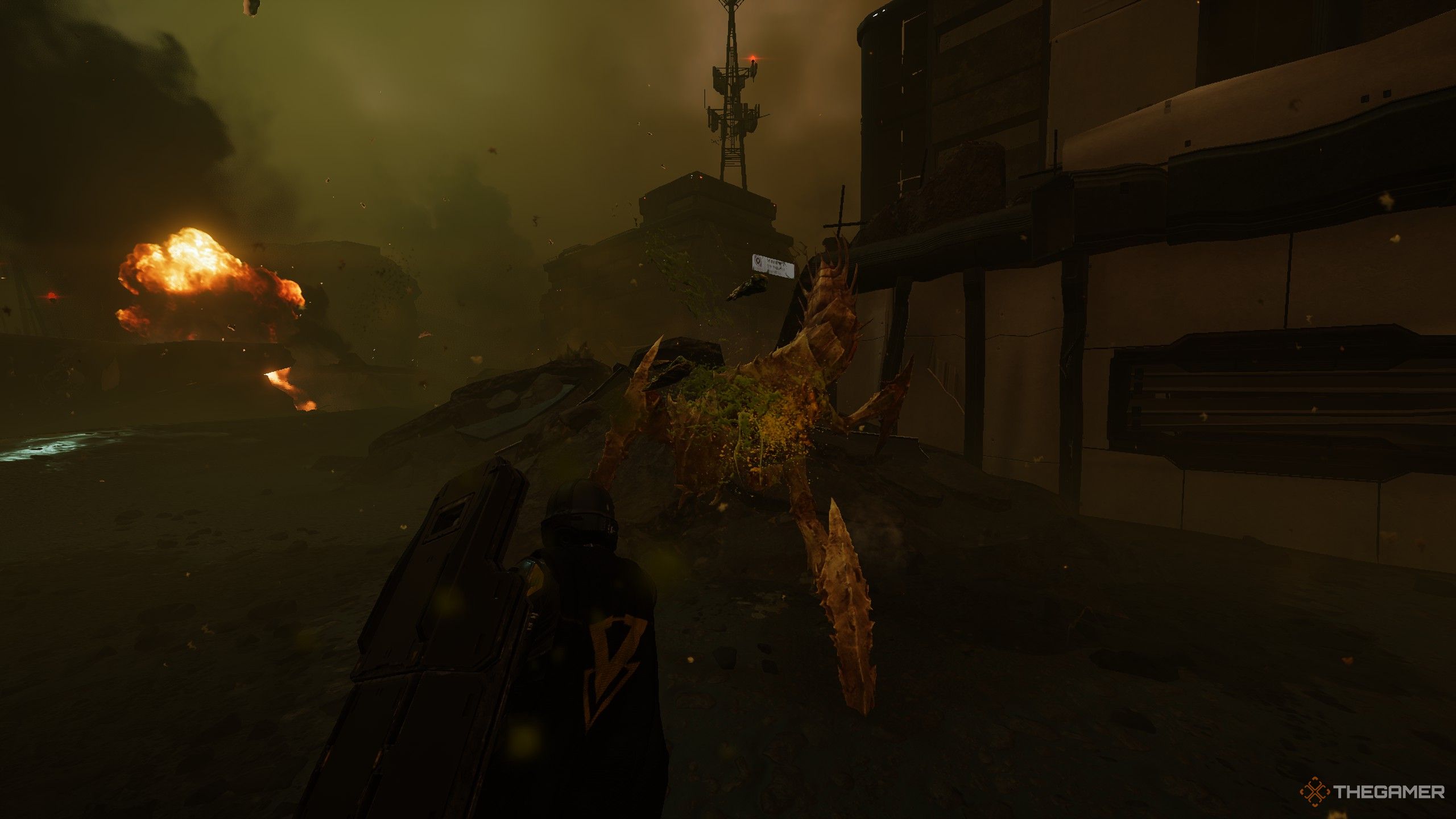 A Helldiver using a the combat hatchet to hack at a warrior bug in Helldivers 2.