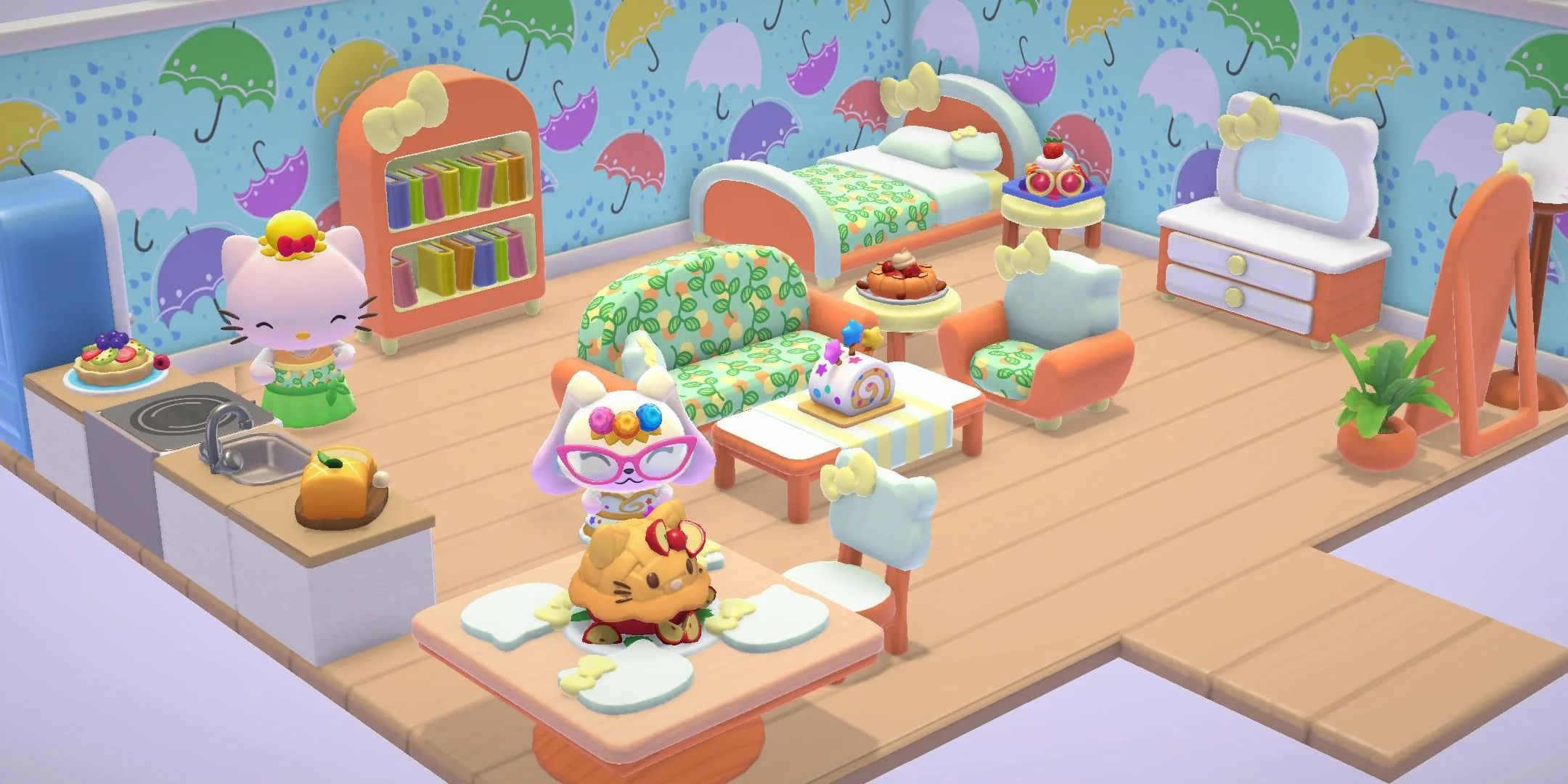 A player posing in a umbrella wallpaper cabin in Hello Kitty Island Adventure.