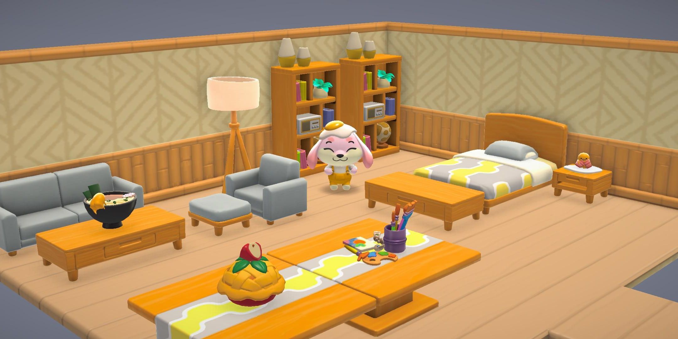 A player posing in a nordic yellow cabin in Hello Kitty Island Adventure.