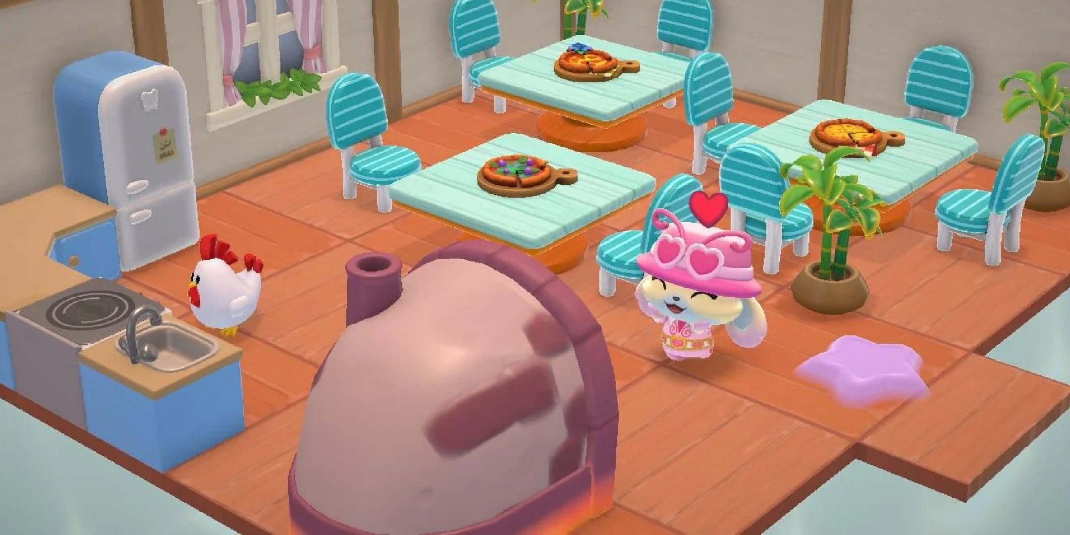 A player posing in a pizza parlor cabin in Hello Kitty Island Adventure.