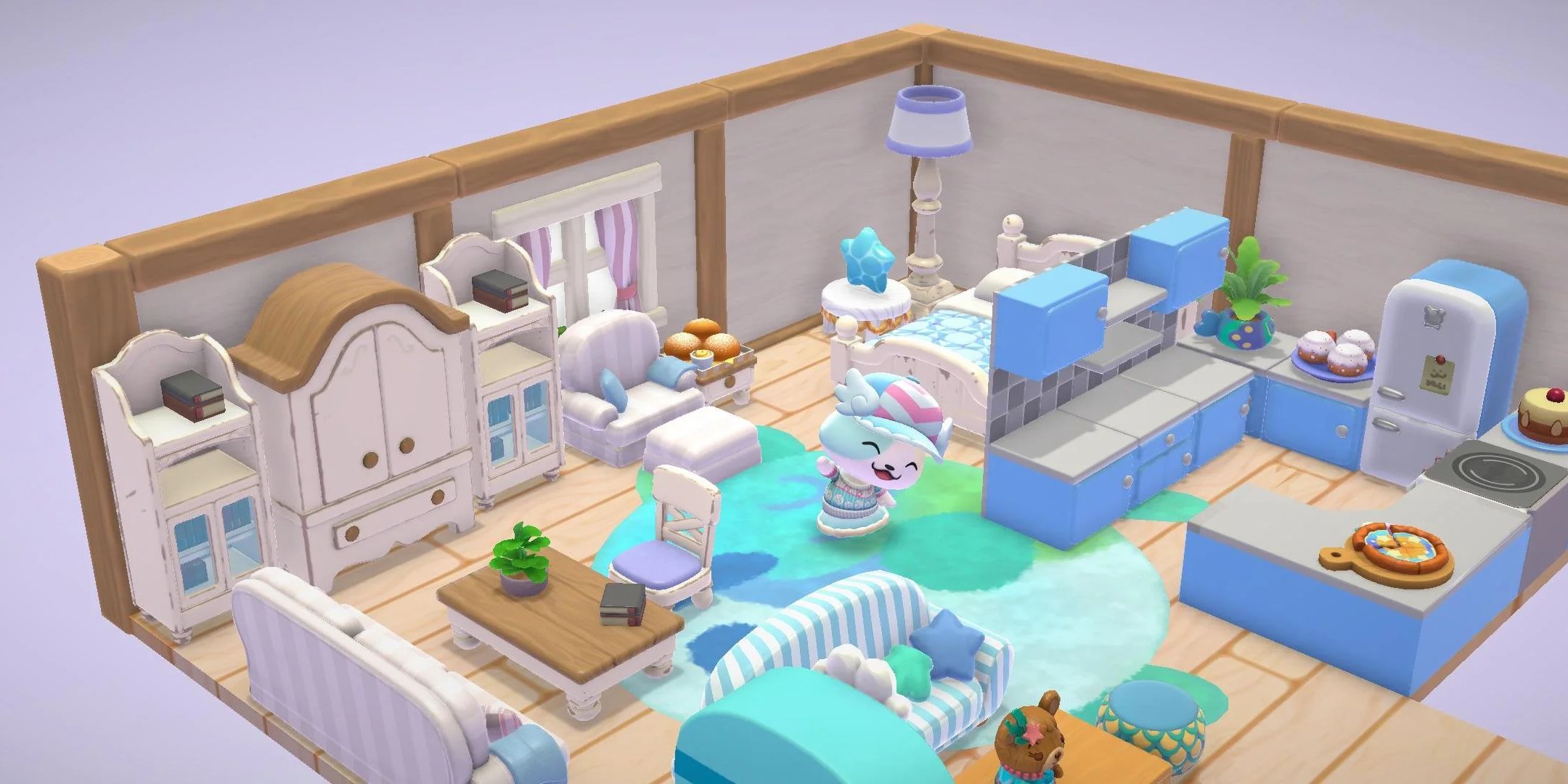 A player posing in studio room cabin in Hello Kitty Island Adventure.