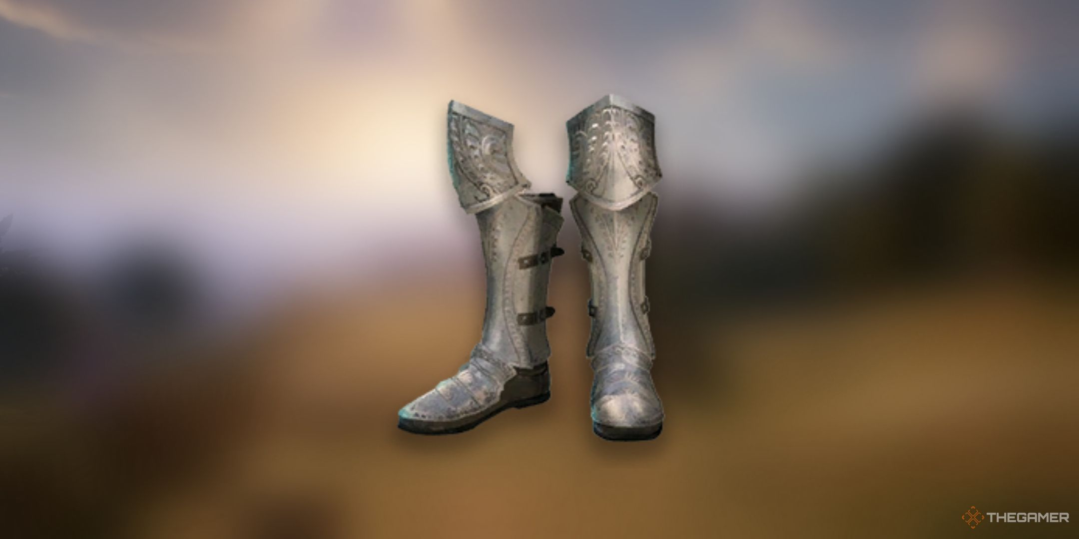 Avowed, Greaves of Exalted Stride item image over a blurred background of Paradis.