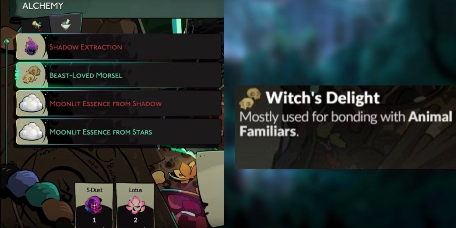 The Hades 2 character is looking at the Witch's Delight recipe, used to upgrade their Familiar.