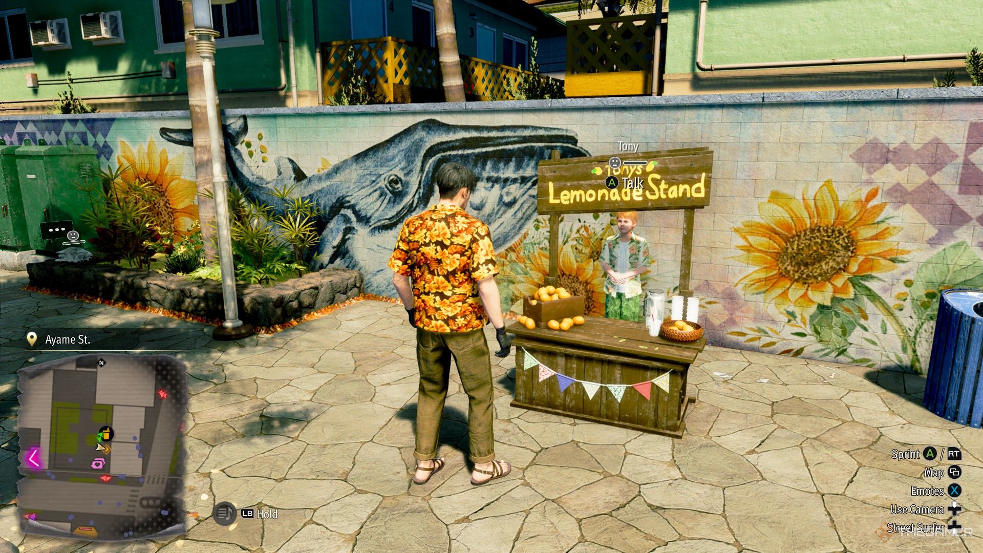 Majima buying lemonade from a stand in Like a Dragon Pirate Yakuza in Hawaii.