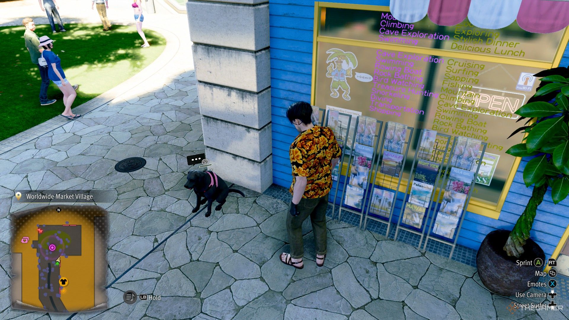 Majima beside a dog in Like a Dragon in Pirate Yakuza in Hawaii.