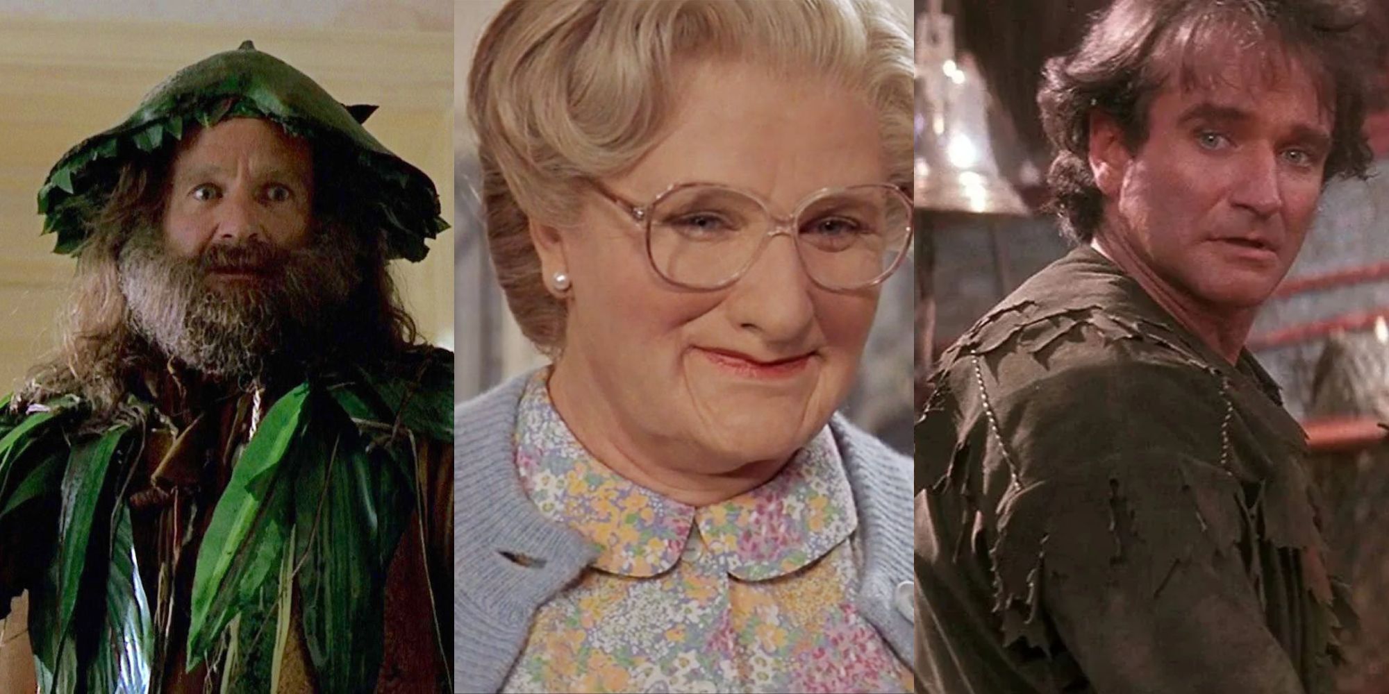 A split image of Robin Williams's characters from Jumaji, Hook, and Mrs Doubtfire.