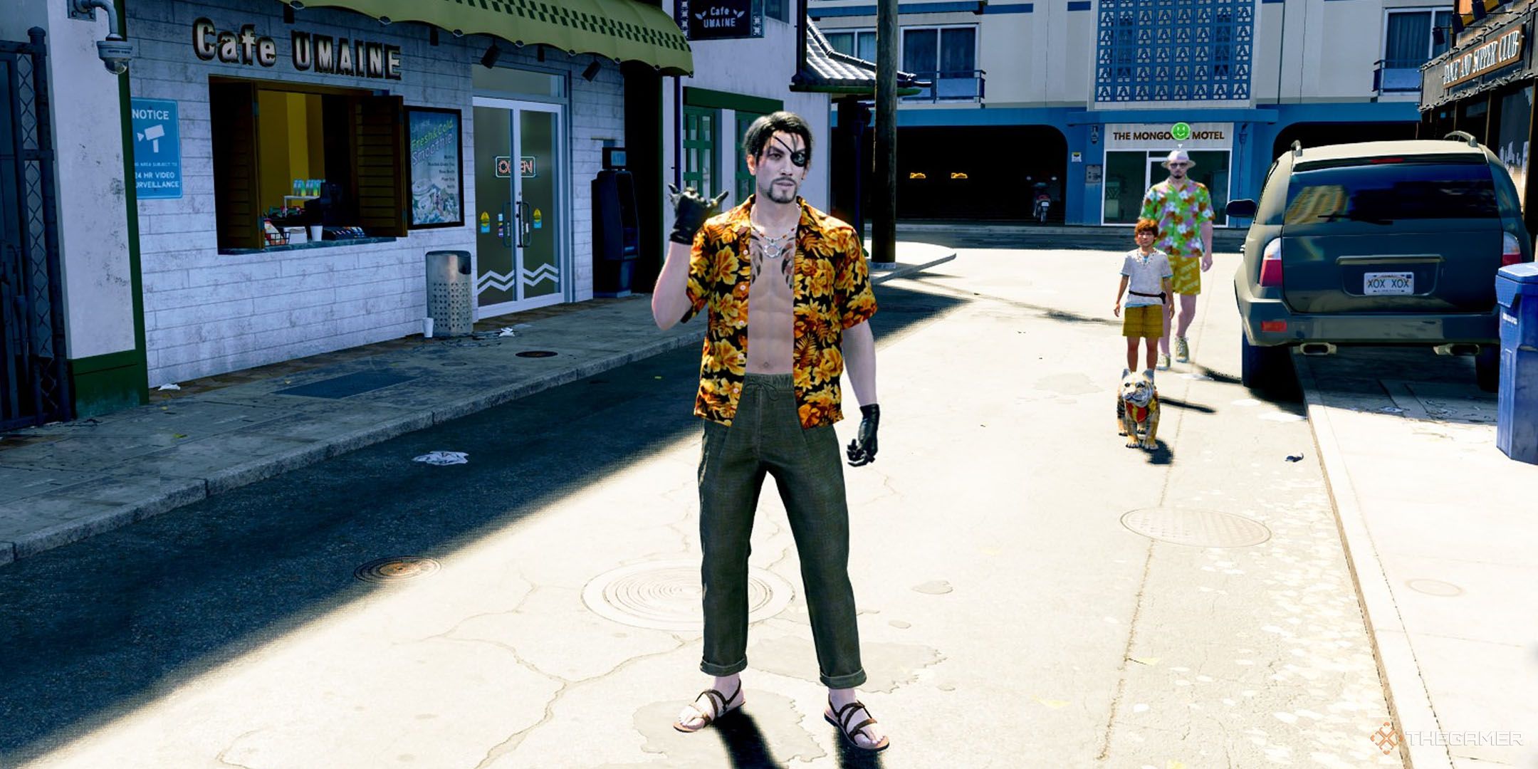 Majima greeting with his hand raised in Like a Dragon Pirate Yakuza in Hawaii.