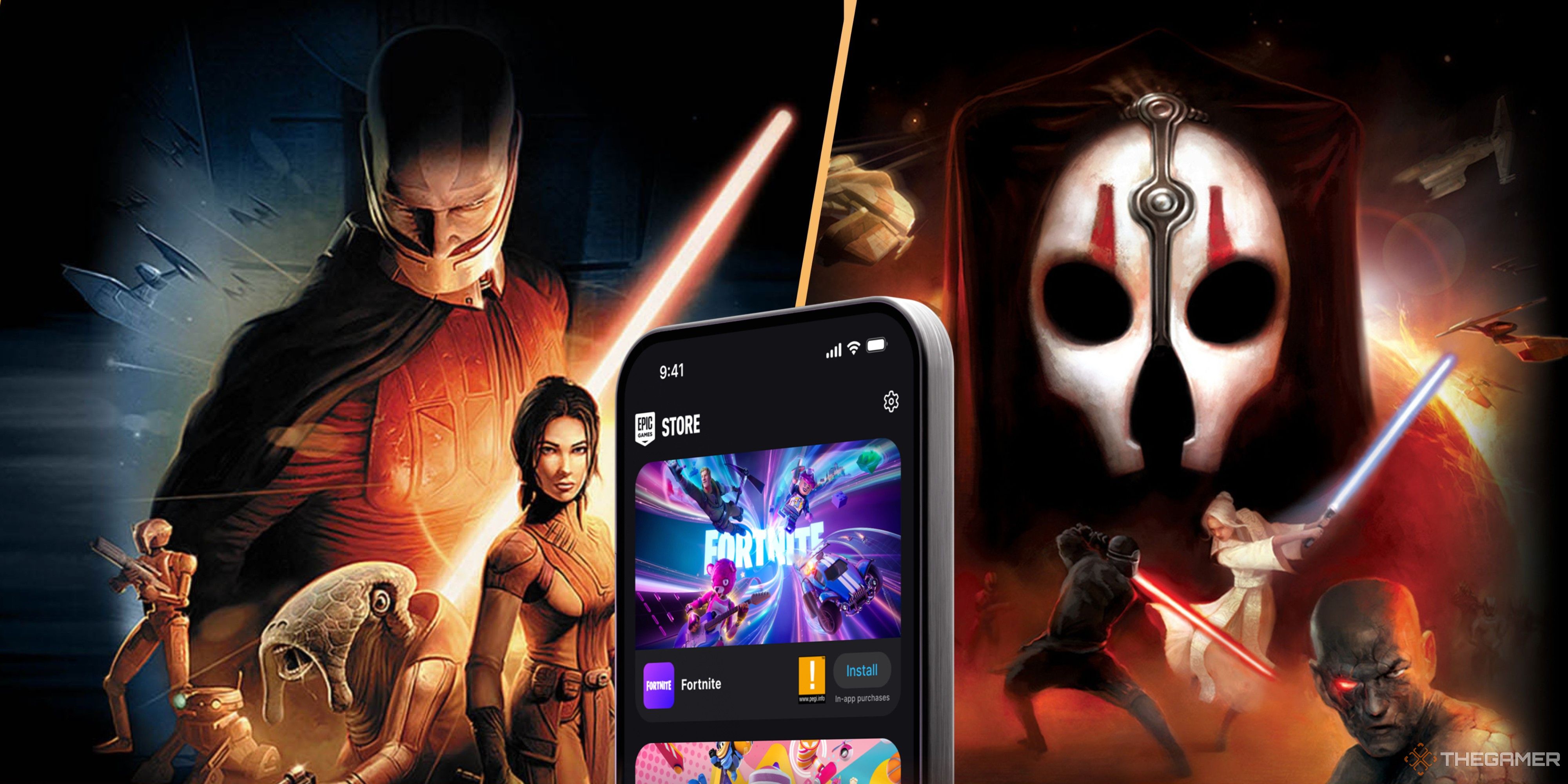 epic games store on a mobile screen in between knights of the old republic's 1 and 2's cover art.