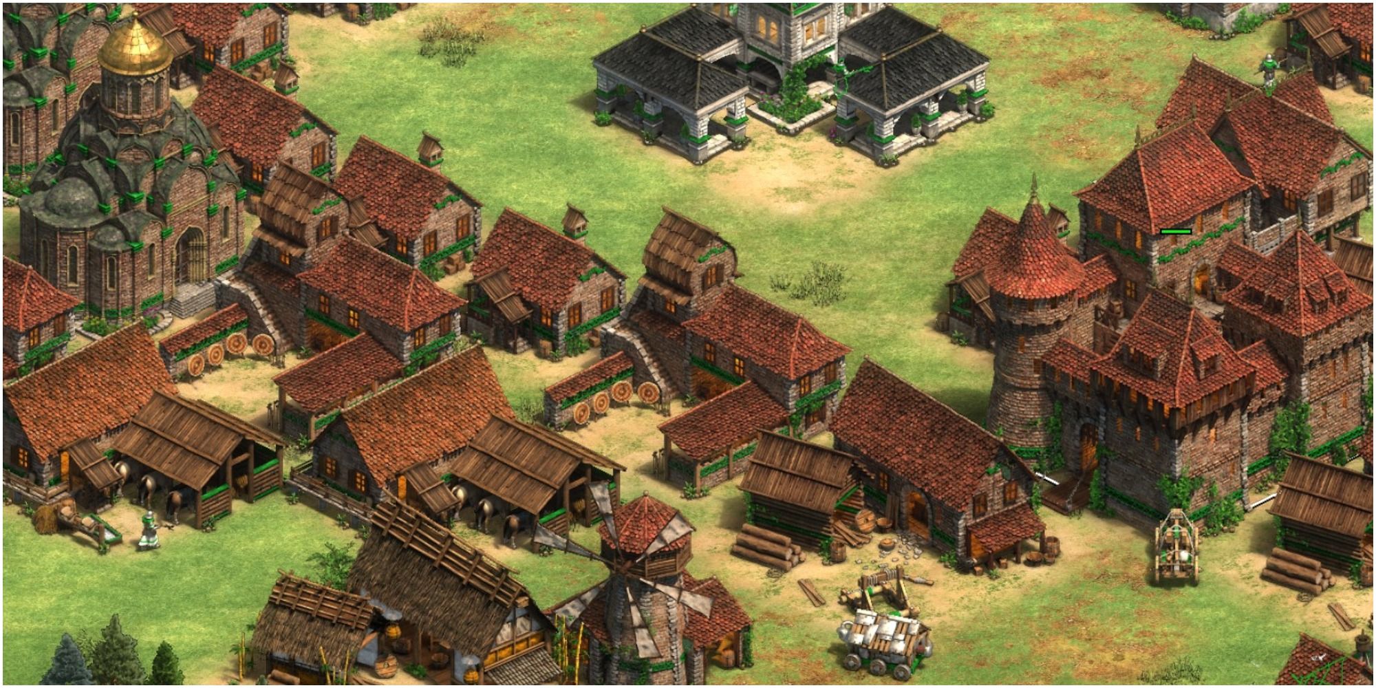 Age of Empires 2 Definitive Edition Slav buildings clustered together.