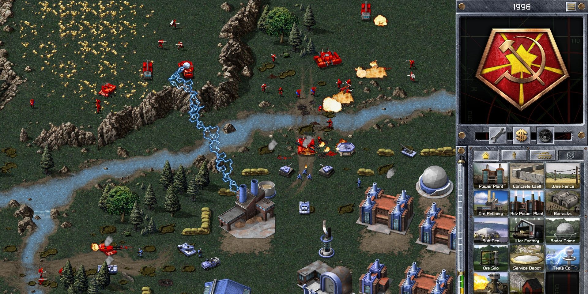 A screenshot showing gameplay in Command & Conquer: Remastered Collection of a city with pylons by the river