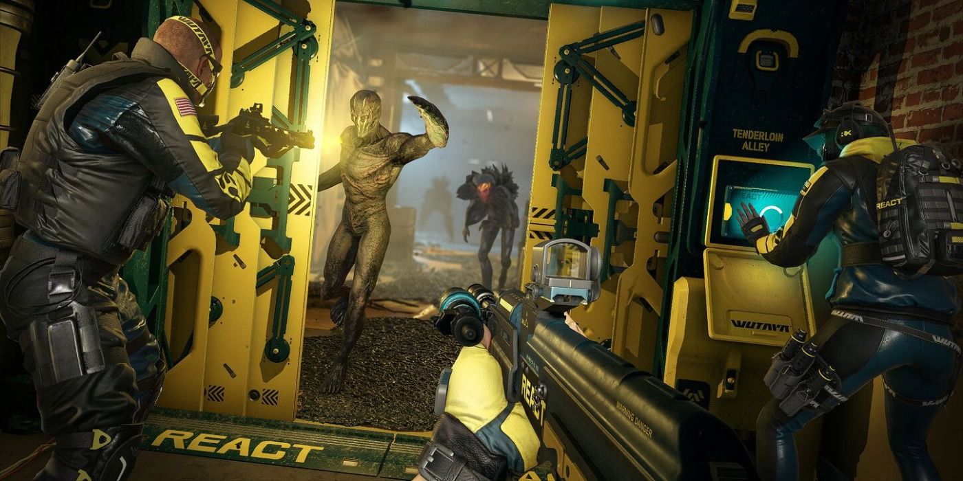 A screenshot showing closing doors on enemy in Rainbow Six Extraction.