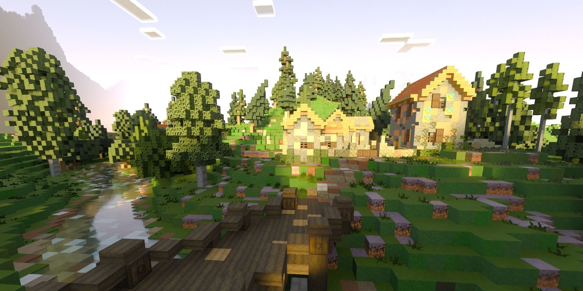 A screenshot showing scenery in Minecraft with RTX for Windows 10.