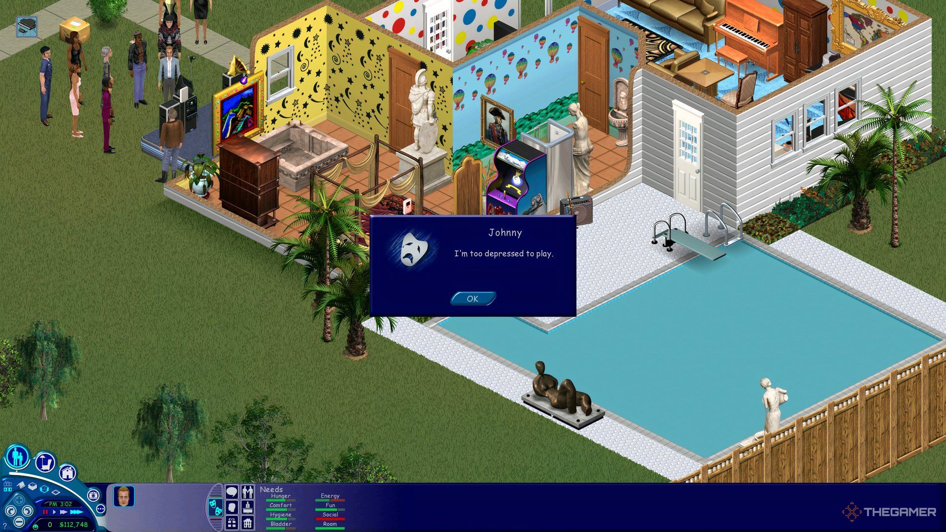 A pop-up in The Sims saying that Johnny Zest is too depressed to play guitar.