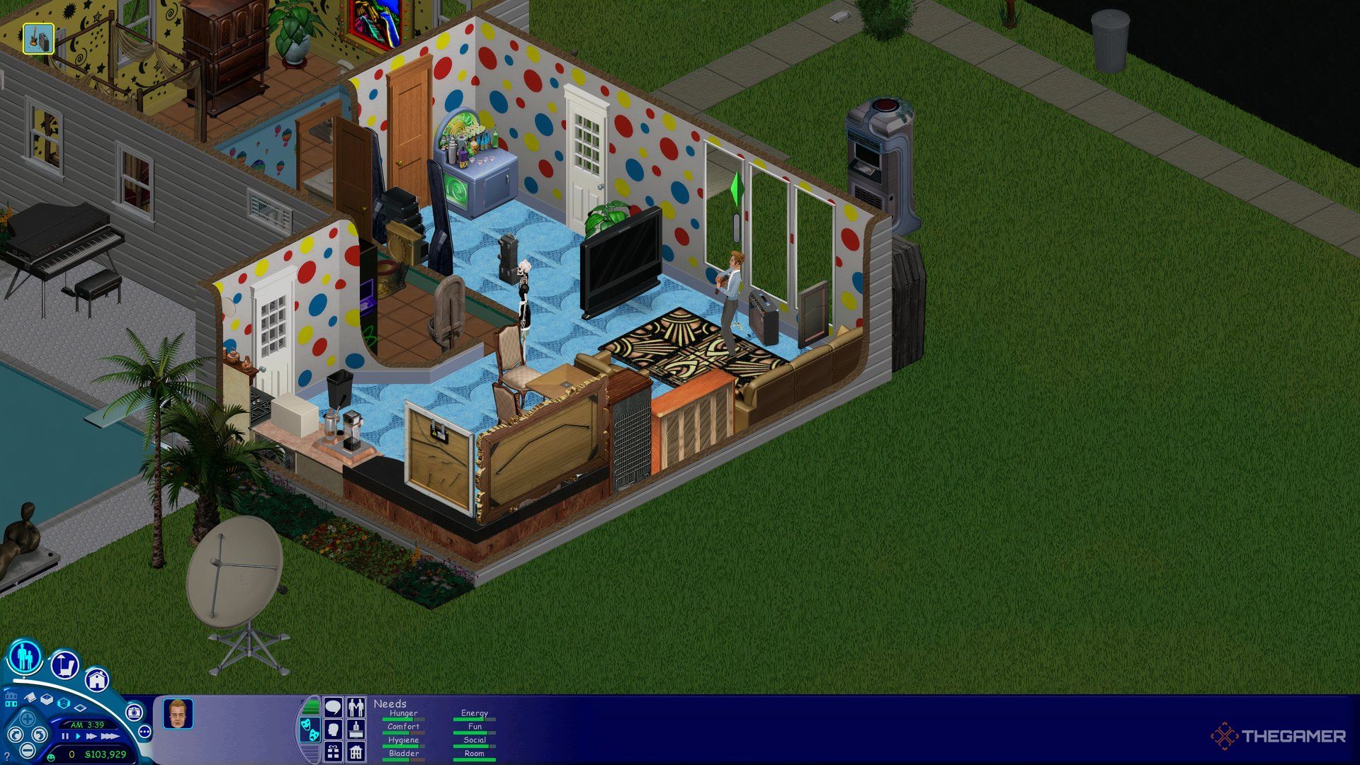 Johnny Zest in The Sims 1 playing guitar at home to Bonehilda.