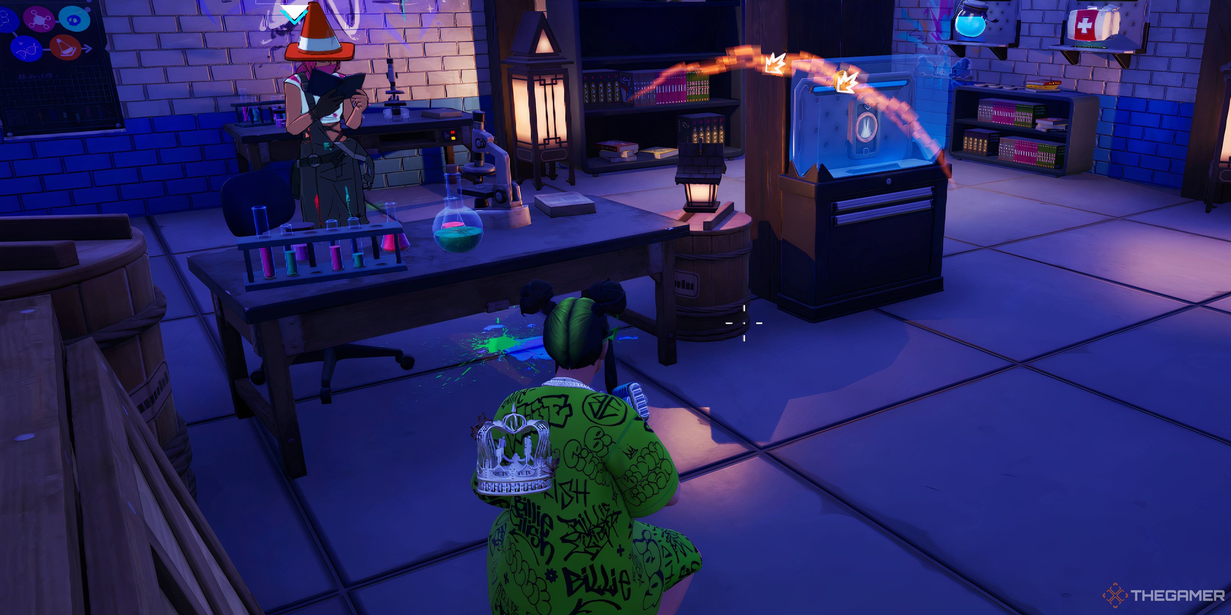 A gameplay screenshot showing a basement in Fortnite.