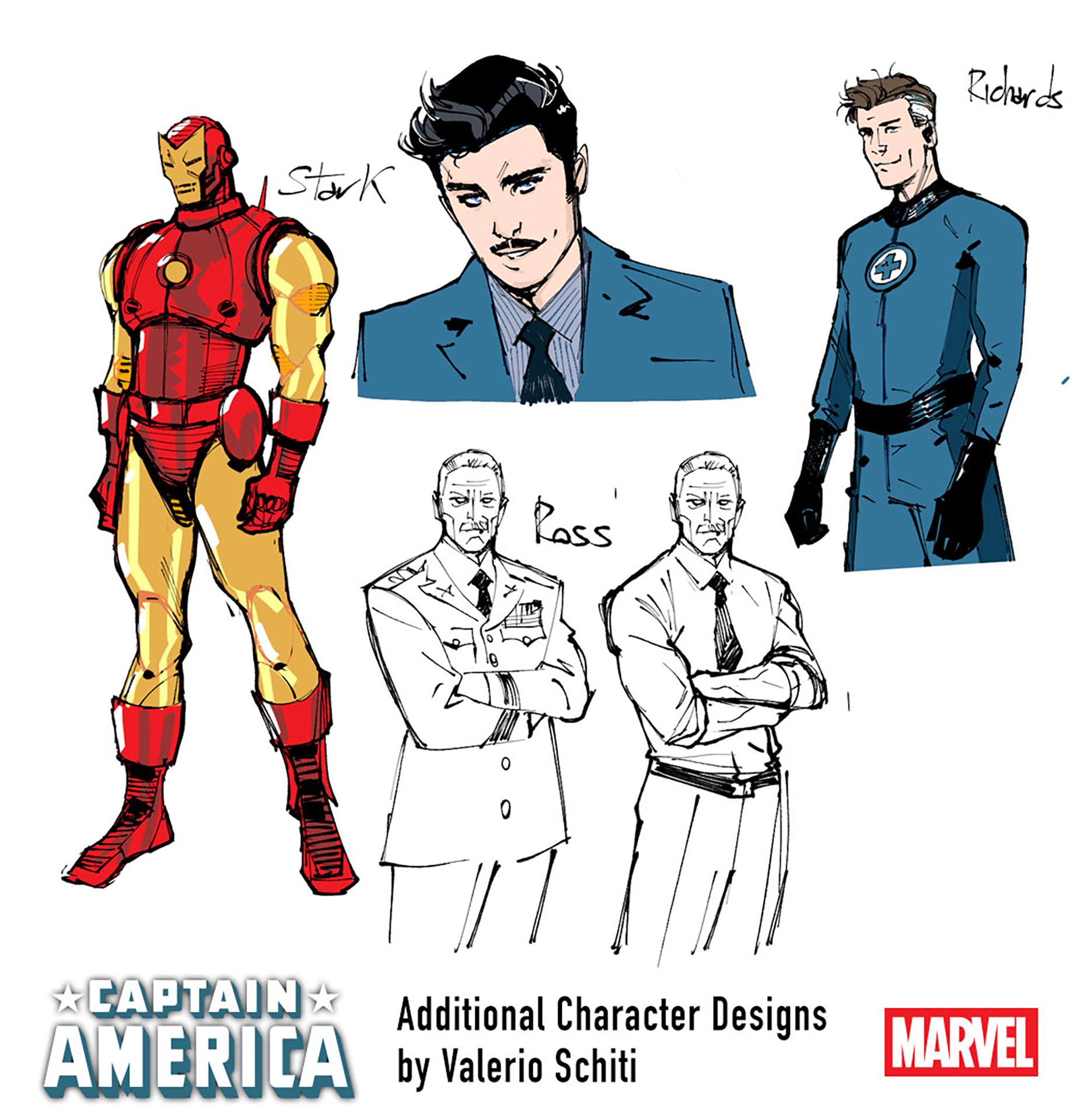 Character designs of Tony Stark, Reed Richards, and Thunderbolt Ross by Valerio Schiti