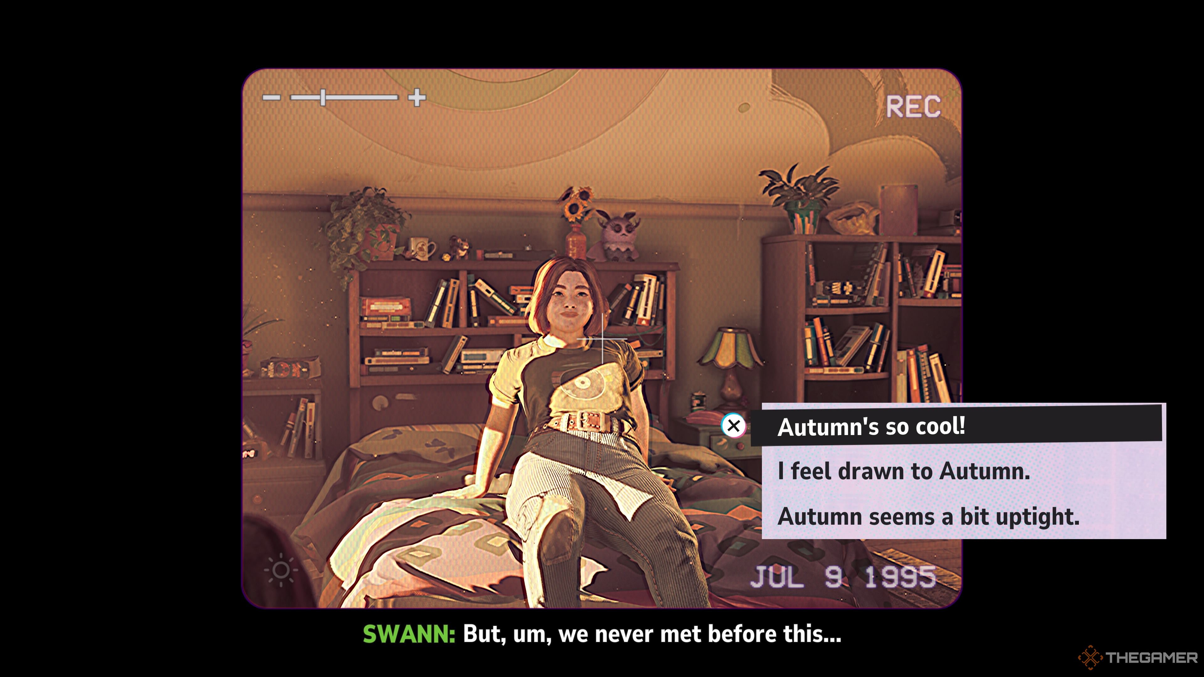 Swann sits in her room in Lost Records: Bloom & Rage with three dialogue options about how she feels about Autumn.