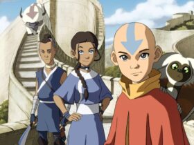 Aang, Sokka and Katara standing on a stone wall during the series Avatar: The Last Airbender