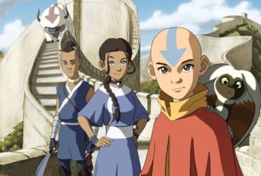 Aang, Sokka and Katara standing on a stone wall during the series Avatar: The Last Airbender