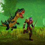 A WoW Classic player chased by a dinosaur in a green forest