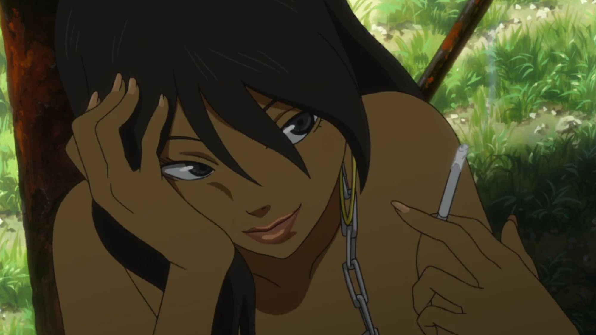 Michiko smokes while talking to Hatchan. 